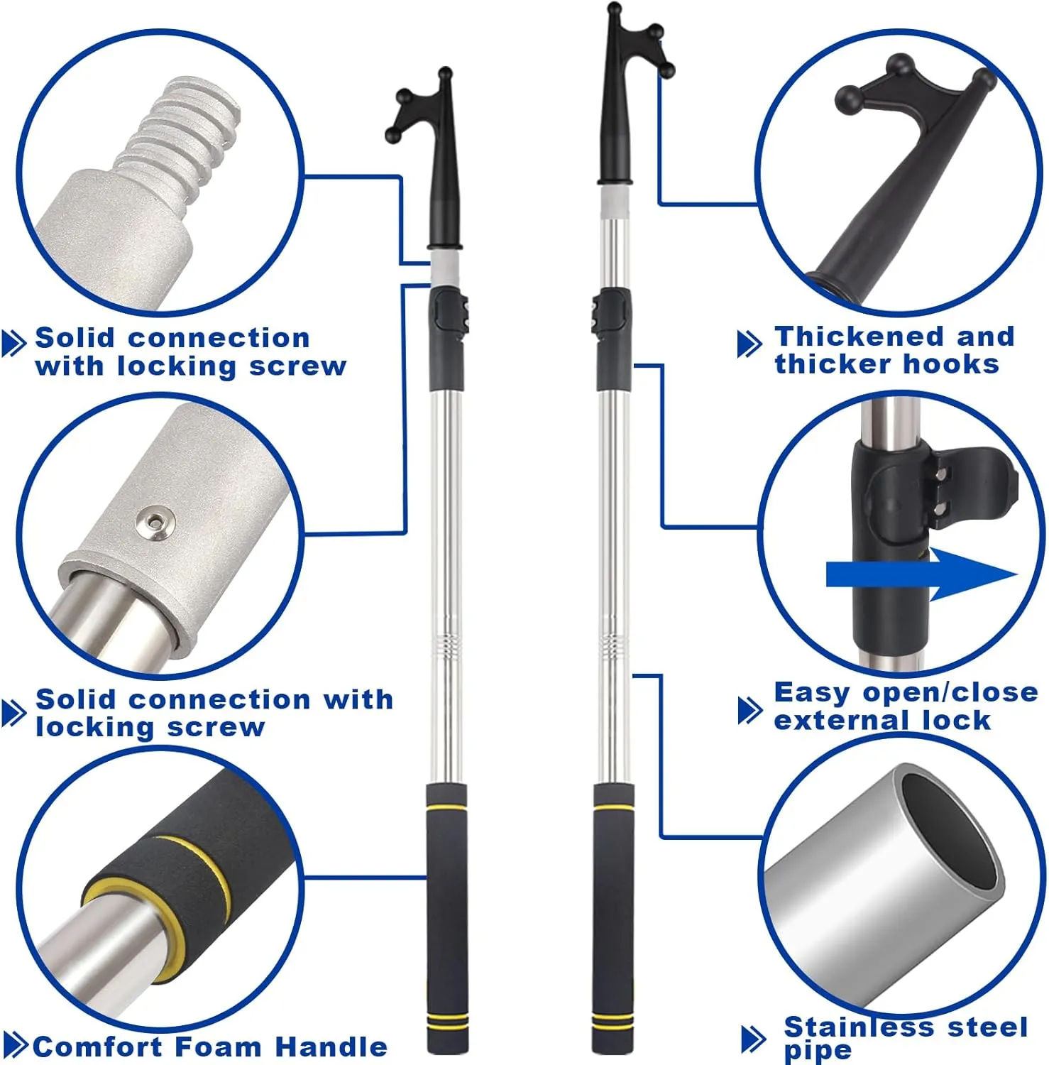 Telescopic Boat Hooks, docking telescopic pole stainless steel reinforced tube retractable and adjustable to hook at will sponge handle non-slip design must-have boat accessories