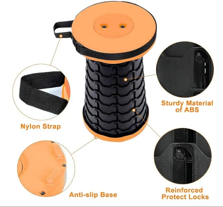 Telescoping Camping Stool, Collapsible Portable Stool, Adjustable Foldable Stool for Camping Gym Rave Party Parks Fishing Hiking BBQ Gardening Max Load 400 LBs (Orange)