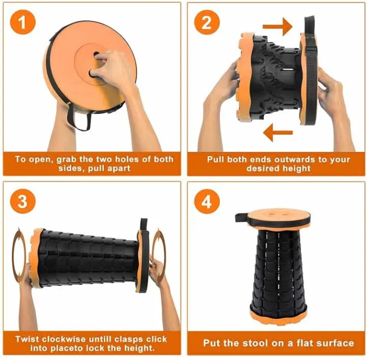 Telescoping Camping Stool, Collapsible Portable Stool, Adjustable Foldable Stool for Camping Gym Rave Party Parks Fishing Hiking BBQ Gardening Max Load 400 LBs (Orange)