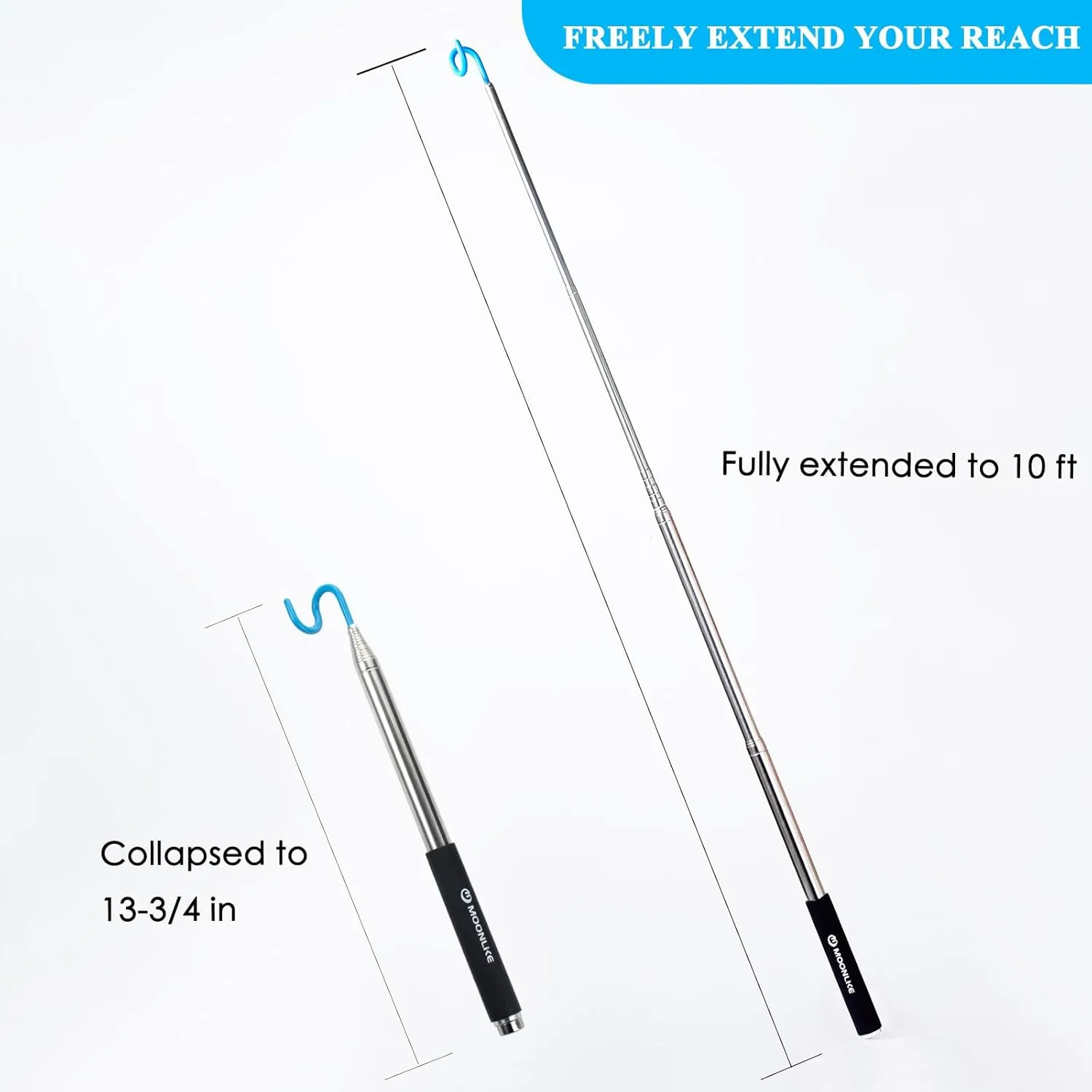 Telescoping Pickup Grabber Tool Magnetic Pole with 2 Hook and a Magnet, 10 ft Telescopic Hook Pole Wire Reacher Tool Push Pull Rod, Disc Golf Retriever Pole, Disc Golf Accessories