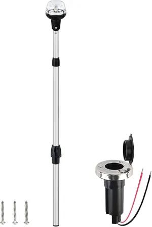 Telescoping Stern Light Anchor Light LED Extension Boat Navigation Lights Pole with Base USCG 2 NM All Round White Detachable Plug in 10-30 Volts From 29 to 43 Inches