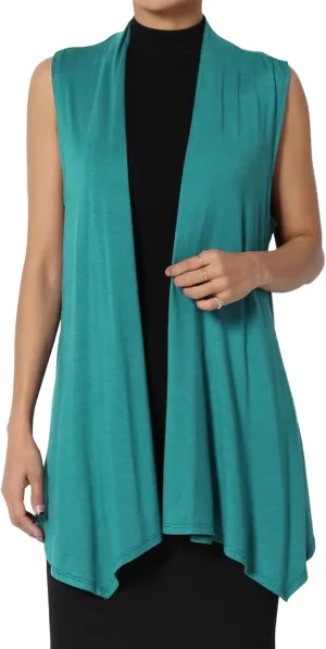 TheMogan Women's Long Vests Sleeveless Draped Lightweight Open Front Cardigan