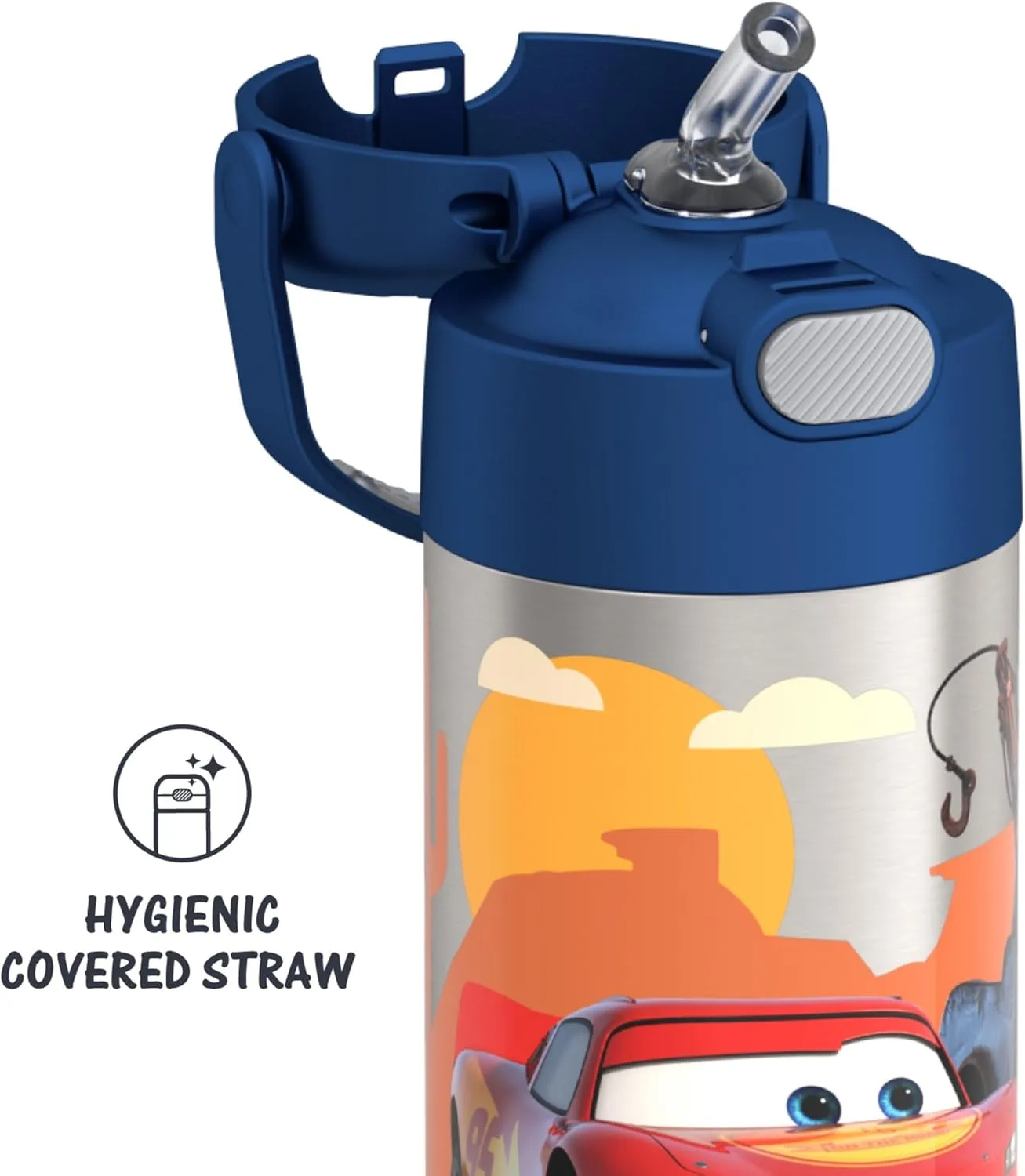 THERMOS FUNTAINER Water Bottle with Straw - 12 Ounce - Kids Stainless Steel Vacuum Insulated Water Bottle with Lid, Cars