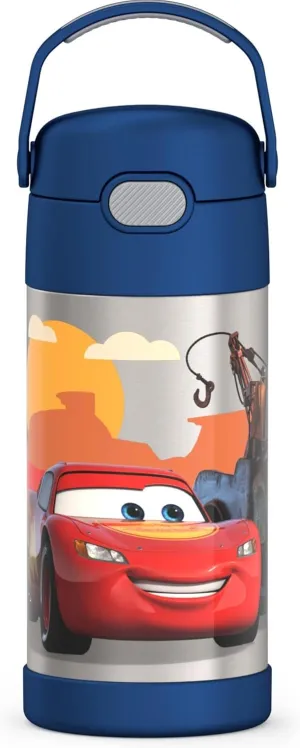 THERMOS FUNTAINER Water Bottle with Straw - 12 Ounce - Kids Stainless Steel Vacuum Insulated Water Bottle with Lid, Cars