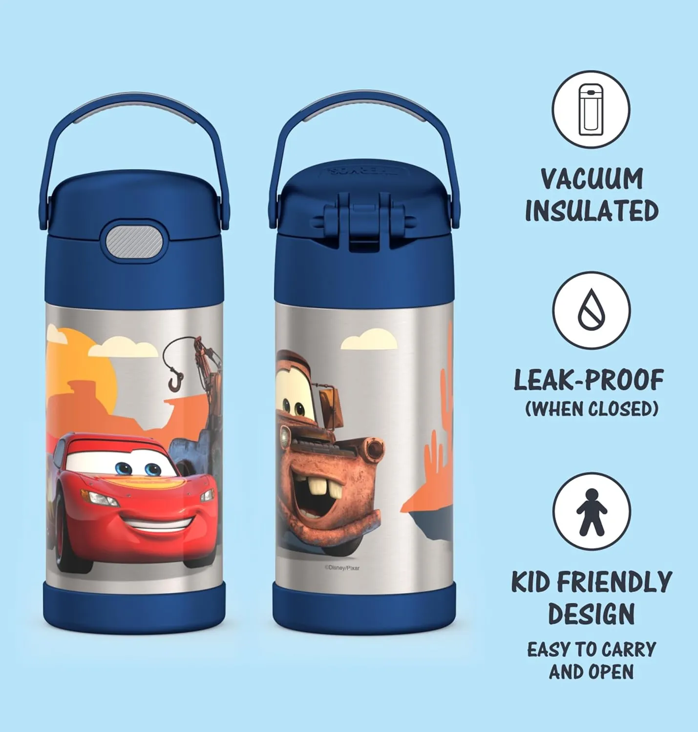 THERMOS FUNTAINER Water Bottle with Straw - 12 Ounce - Kids Stainless Steel Vacuum Insulated Water Bottle with Lid, Cars