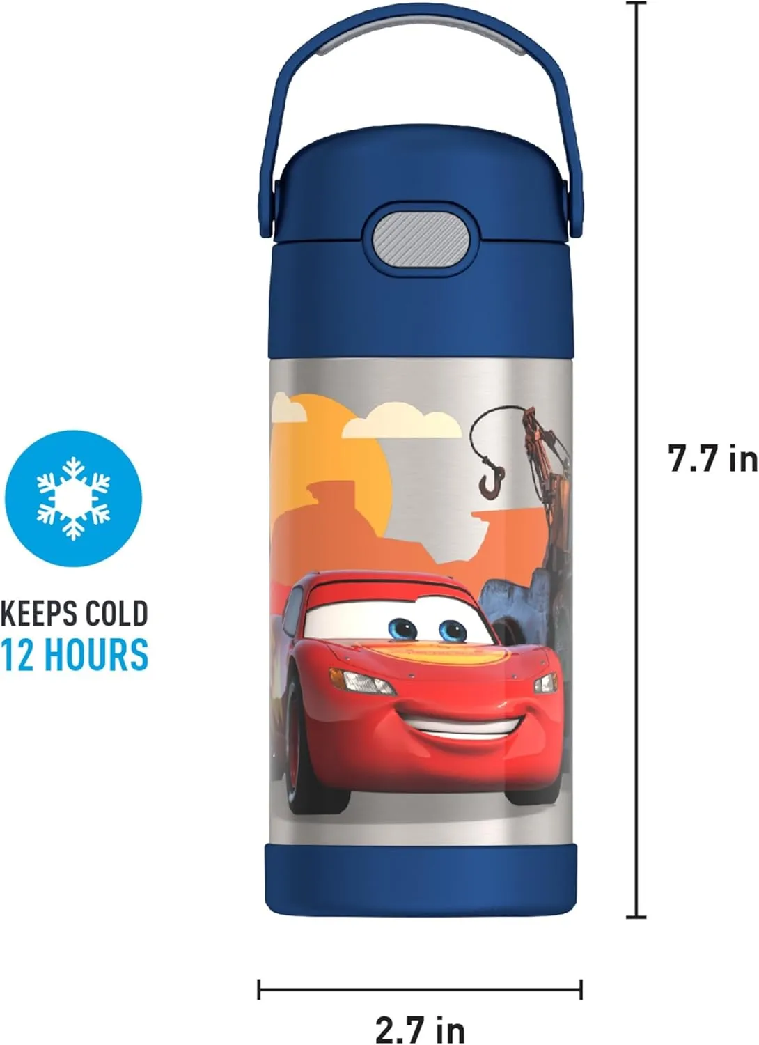 THERMOS FUNTAINER Water Bottle with Straw - 12 Ounce - Kids Stainless Steel Vacuum Insulated Water Bottle with Lid, Cars