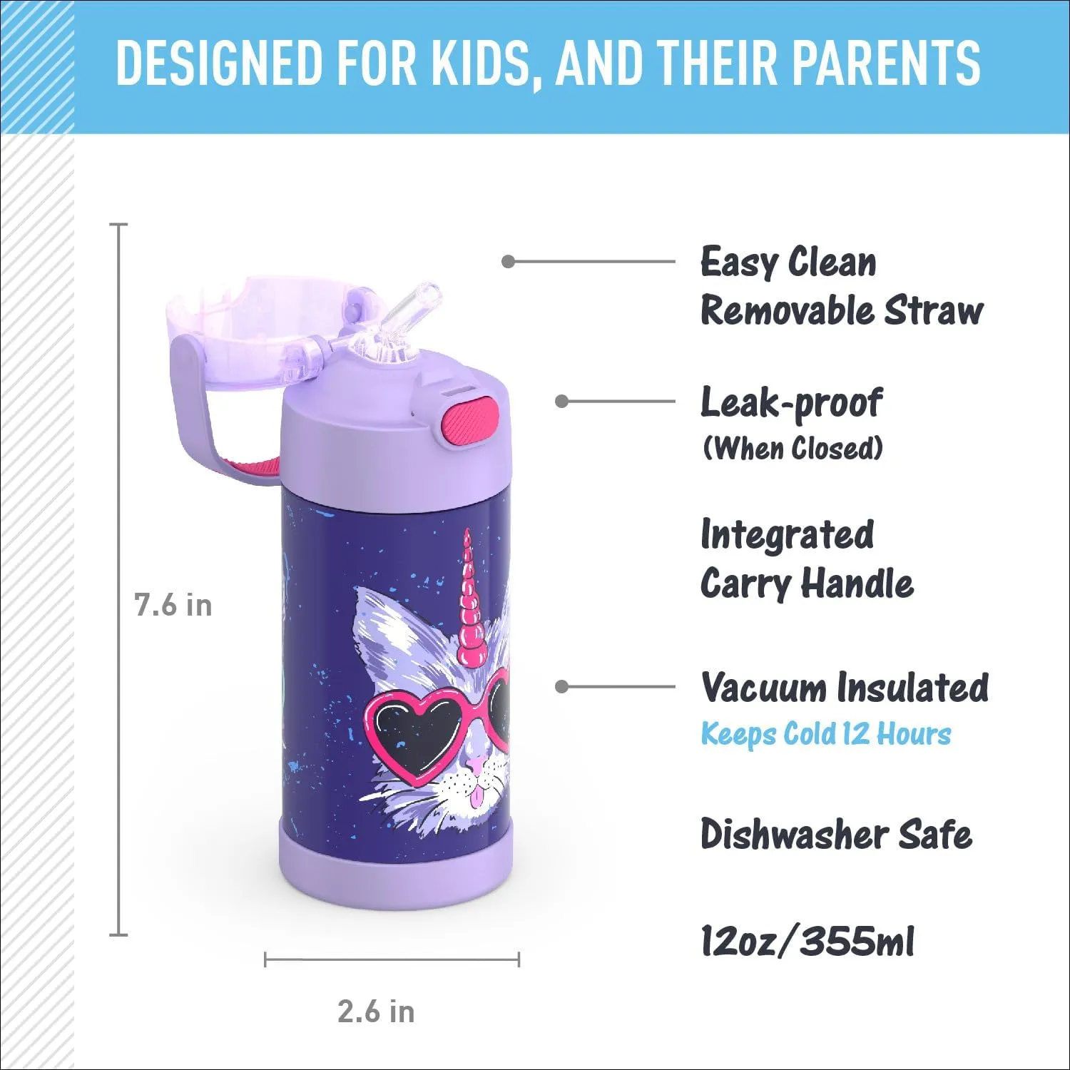 THERMOS FUNTAINER Water Bottle with Straw - 12 Ounce - Kids Stainless Steel Vacuum Insulated Water Bottle with Lid, Cool Caticorns