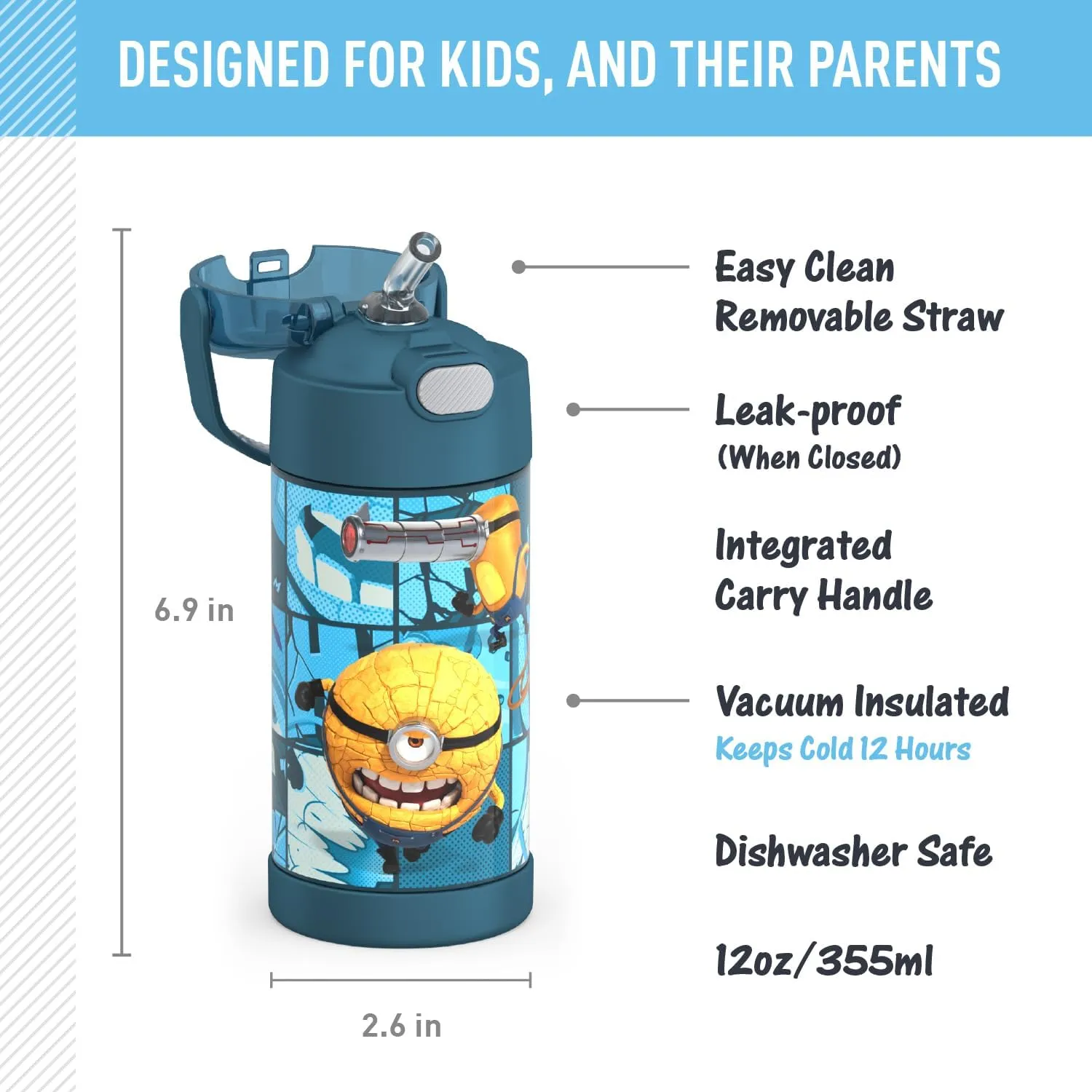 THERMOS FUNTAINER Water Bottle with Straw - 12 Ounce - Kids Stainless Steel Vacuum Insulated Water Bottle with Lid, Despicable Me 4