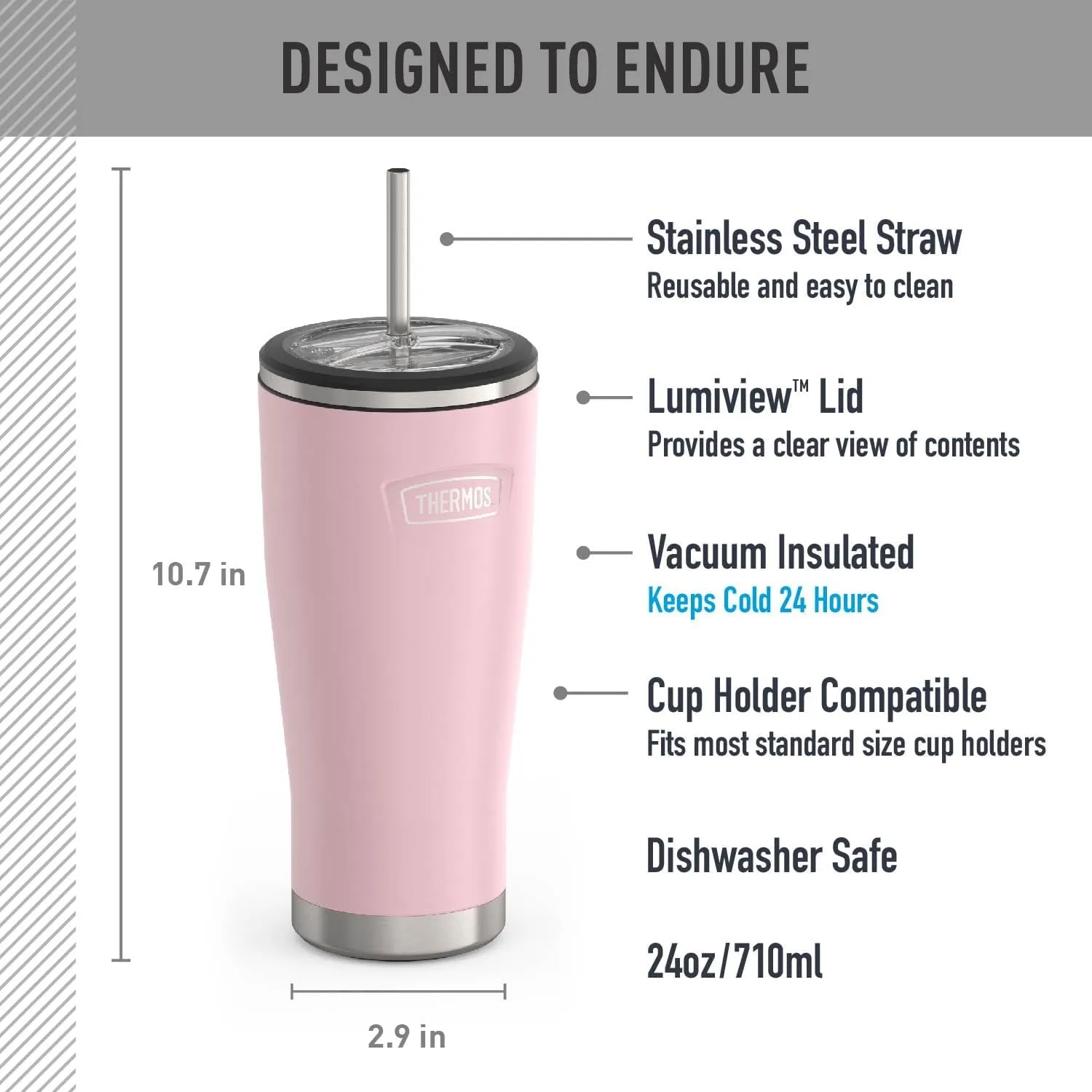 THERMOS ICON SERIES, Stainless Steel Cold Tumbler with Lid and Straw - 24 Ounce, Sunset Pink - Vacuum Insulated Tumbler