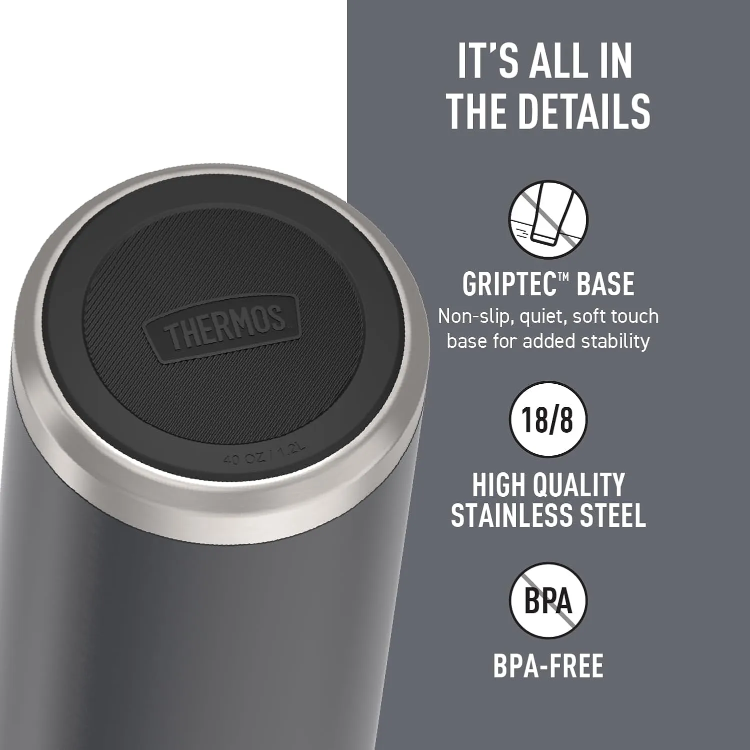 THERMOS ICON SERIES, Stainless Steel Dual Temperature Beverage Bottle, 40 oz, Graphite