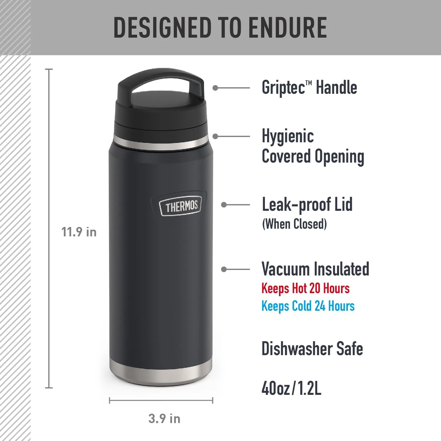 THERMOS ICON SERIES, Stainless Steel Dual Temperature Beverage Bottle, 40 oz, Graphite