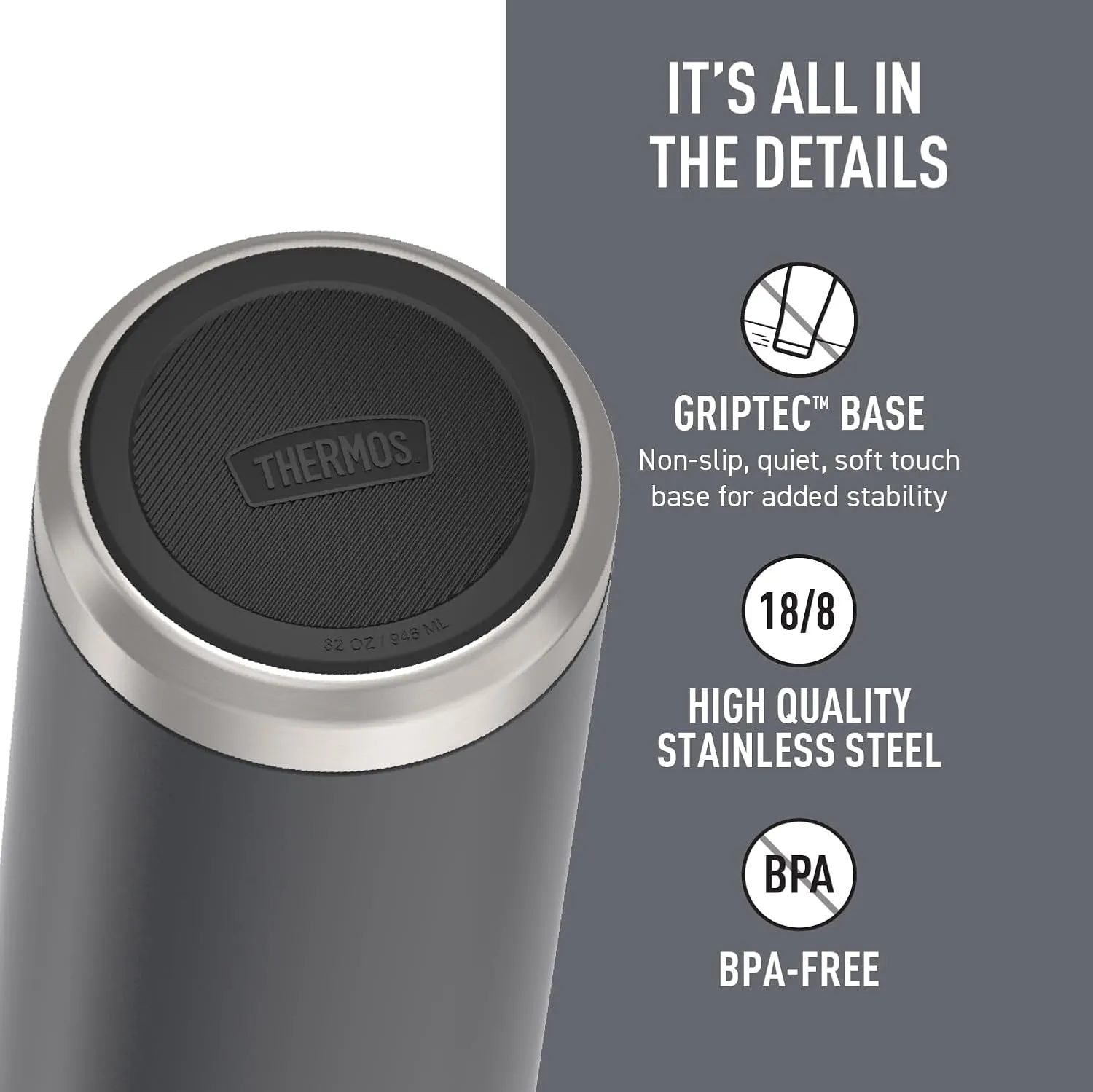 THERMOS ICON SERIES Stainless Steel Water Bottle with Screw Top Lid - 32 Ounce, Matte Stainless Steel - Vacuum Insulated Water Bottle with Lid