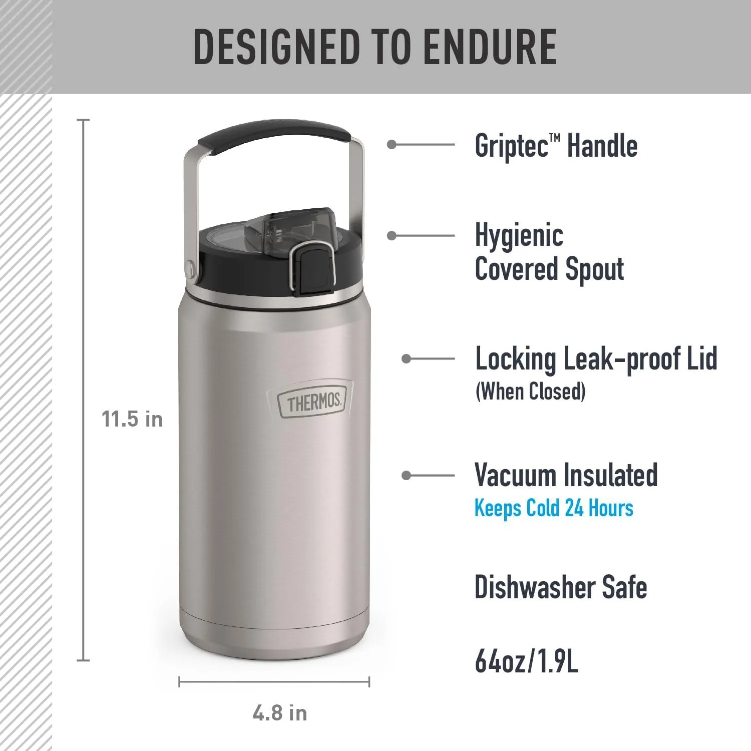 THERMOS ICON SERIES, Stainless Steel Water Bottle with Spout - 64 Ounce, Matte Stainless Steel - Vacuum Insulated Water Bottle with Lid