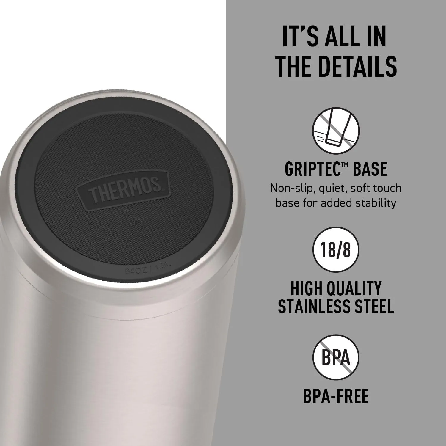 THERMOS ICON SERIES, Stainless Steel Water Bottle with Spout - 64 Ounce, Matte Stainless Steel - Vacuum Insulated Water Bottle with Lid