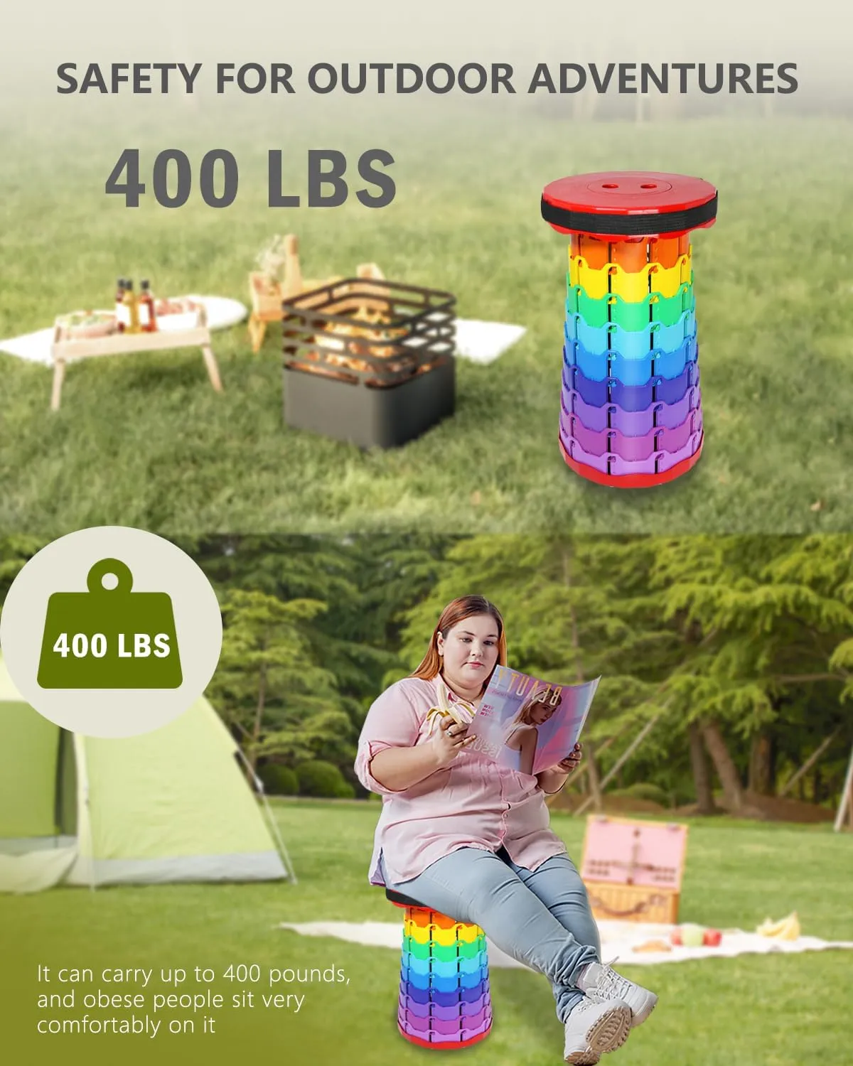 Thickened Collapsible Stool, Upgrade Foldable Stool, Portable Telescoping Seat, Adjustable Height Retractable Stools for Fishing, Hiking, BBQ, Gardening, Outdoor Indoor Activities,Rainbow Red