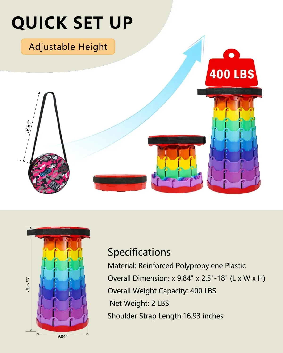 Thickened Collapsible Stool, Upgrade Foldable Stool, Portable Telescoping Seat, Adjustable Height Retractable Stools for Fishing, Hiking, BBQ, Gardening, Outdoor Indoor Activities,Rainbow Red