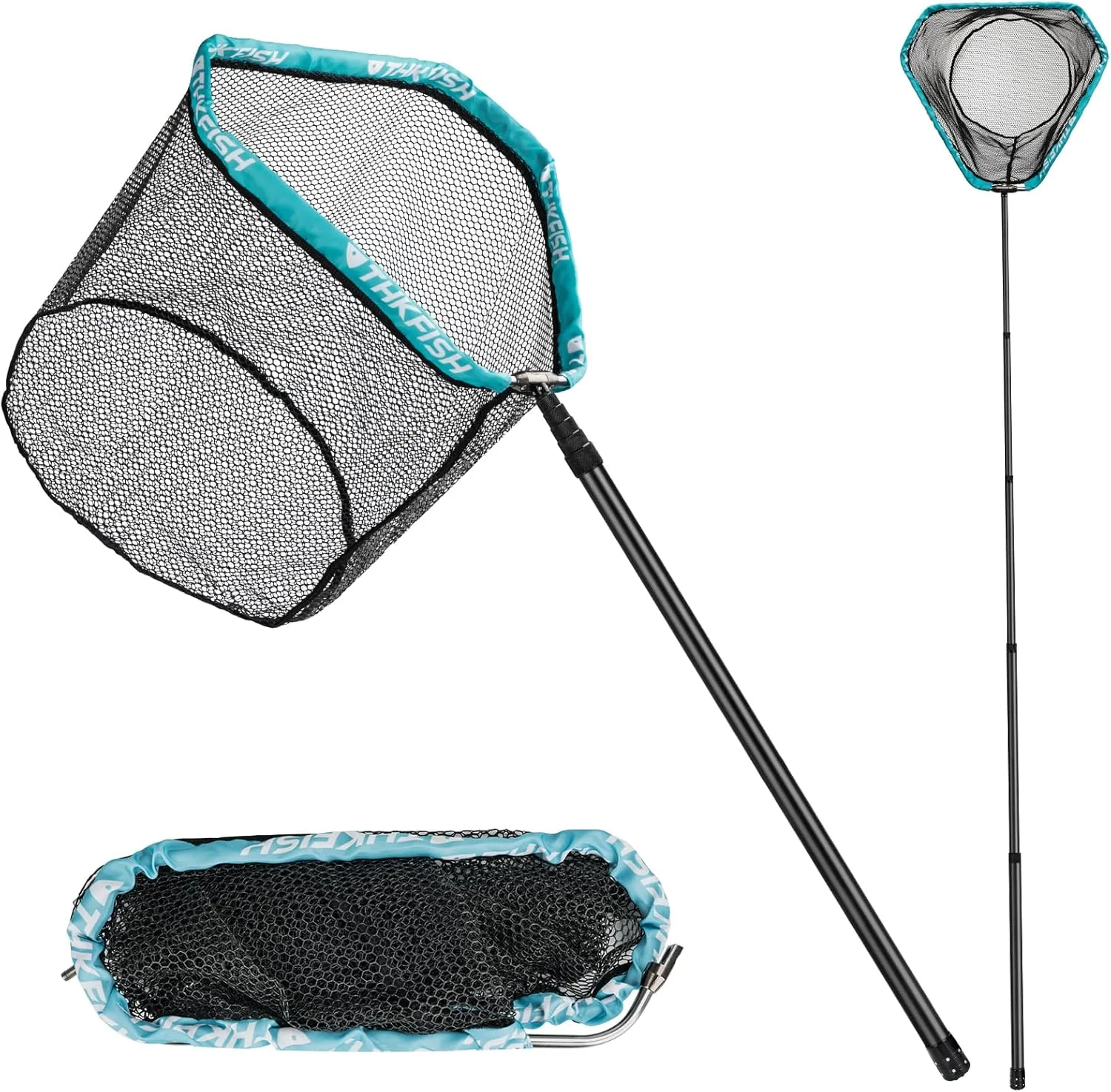 THKFISH Carbon Fiber Fishing Net - Long Handle, Portable Telescopic Landing Net - 27 to 157.5 Inch - Aluminum Mesh Frame Rubber Coated