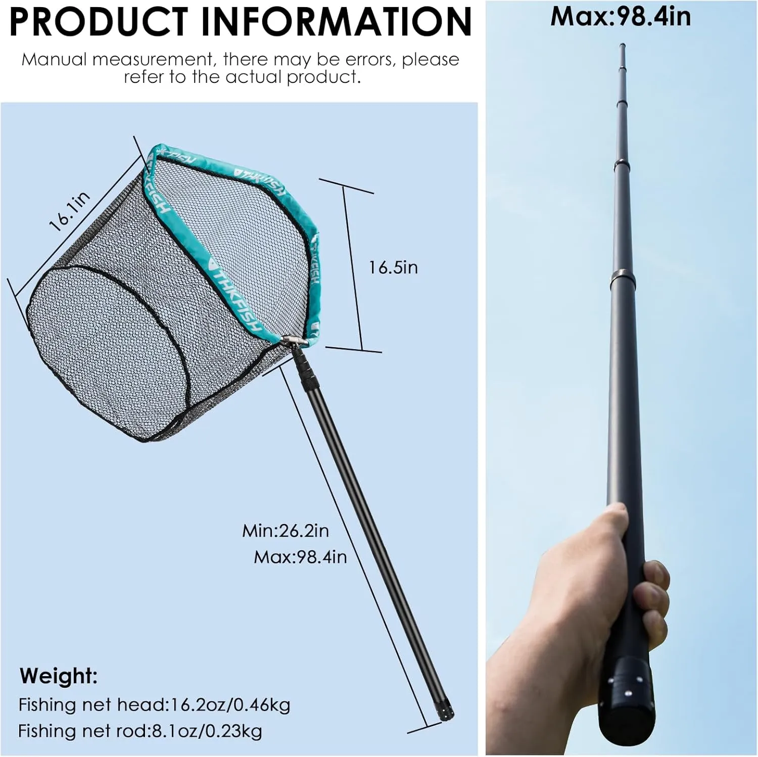 THKFISH Carbon Fiber Fishing Net - Long Handle, Portable Telescopic Landing Net - 27 to 157.5 Inch - Aluminum Mesh Frame Rubber Coated