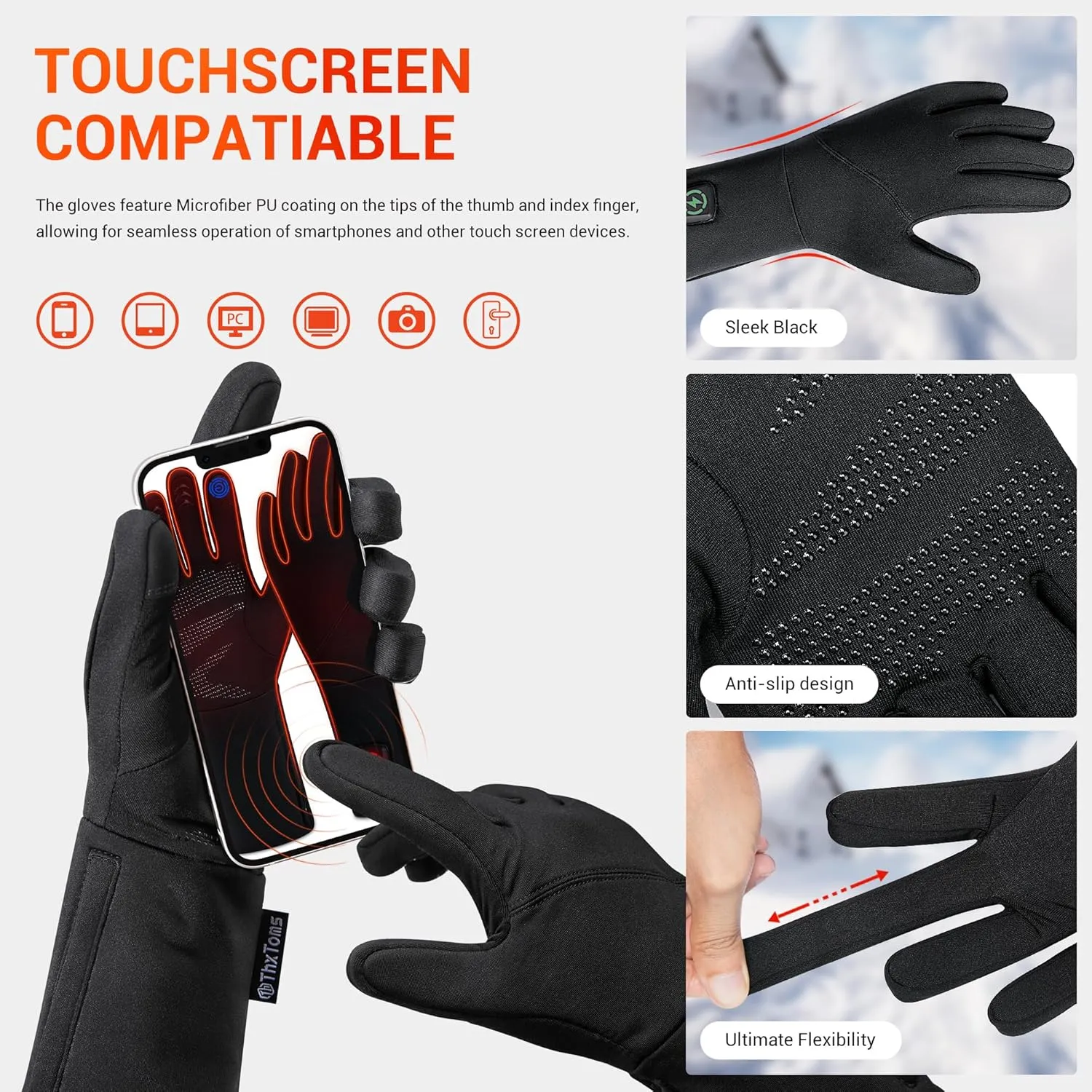ThxToms Heated Glove Liners for Men Women, Rechargeable Battery Electric Heated Gloves, Upgraded Thin Heating Gloves for Raynaud's Arthritis Hands Skiing Driving, Instant Heat, Touchscreen, Dexterity