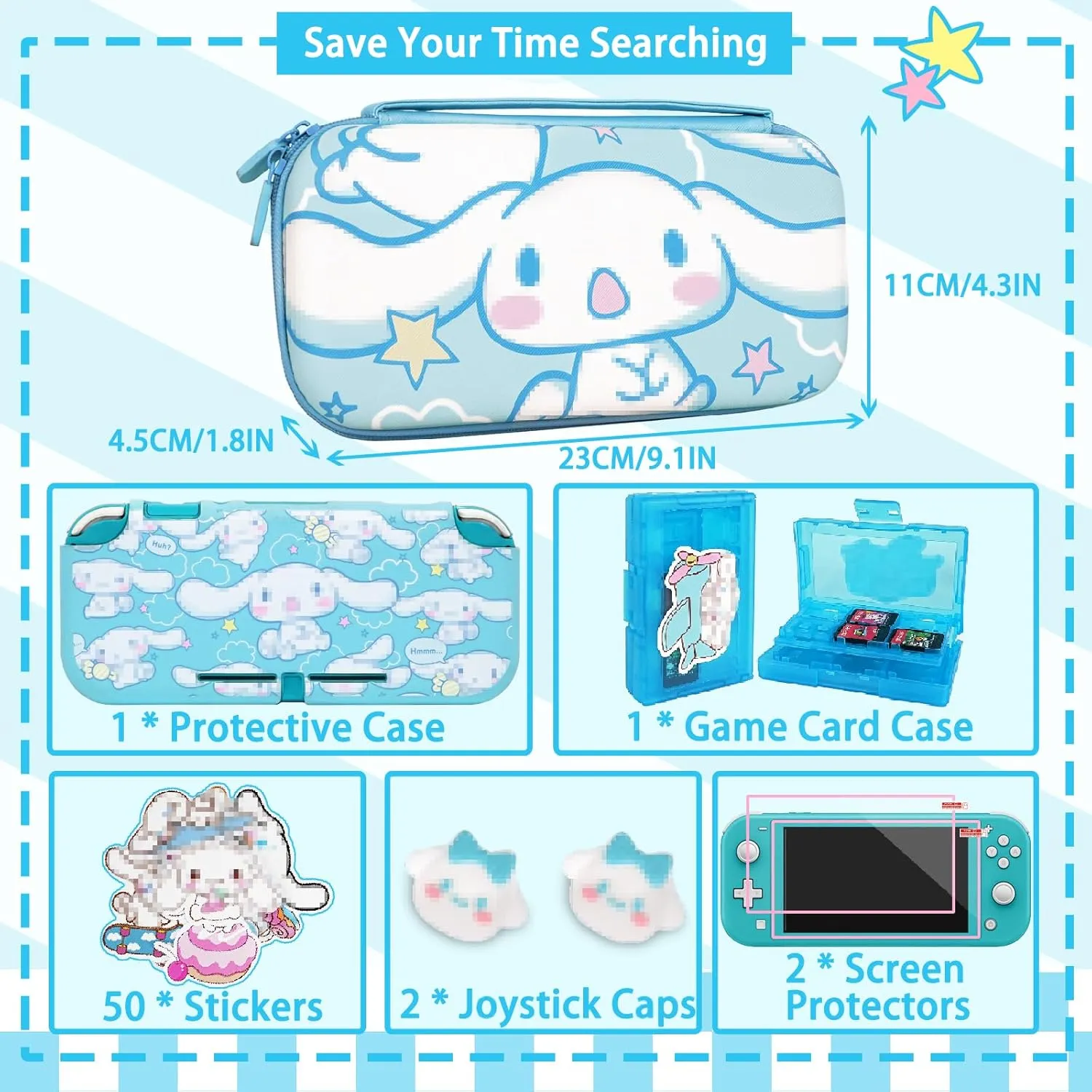 TIKOdirect Carrying Case for Switch Lite, Pretty Shockproof Portable Travel Bag with Soft Protective Cover, Screen Protectors, Cute Thumb Grips Caps and Game Card Case, Blue