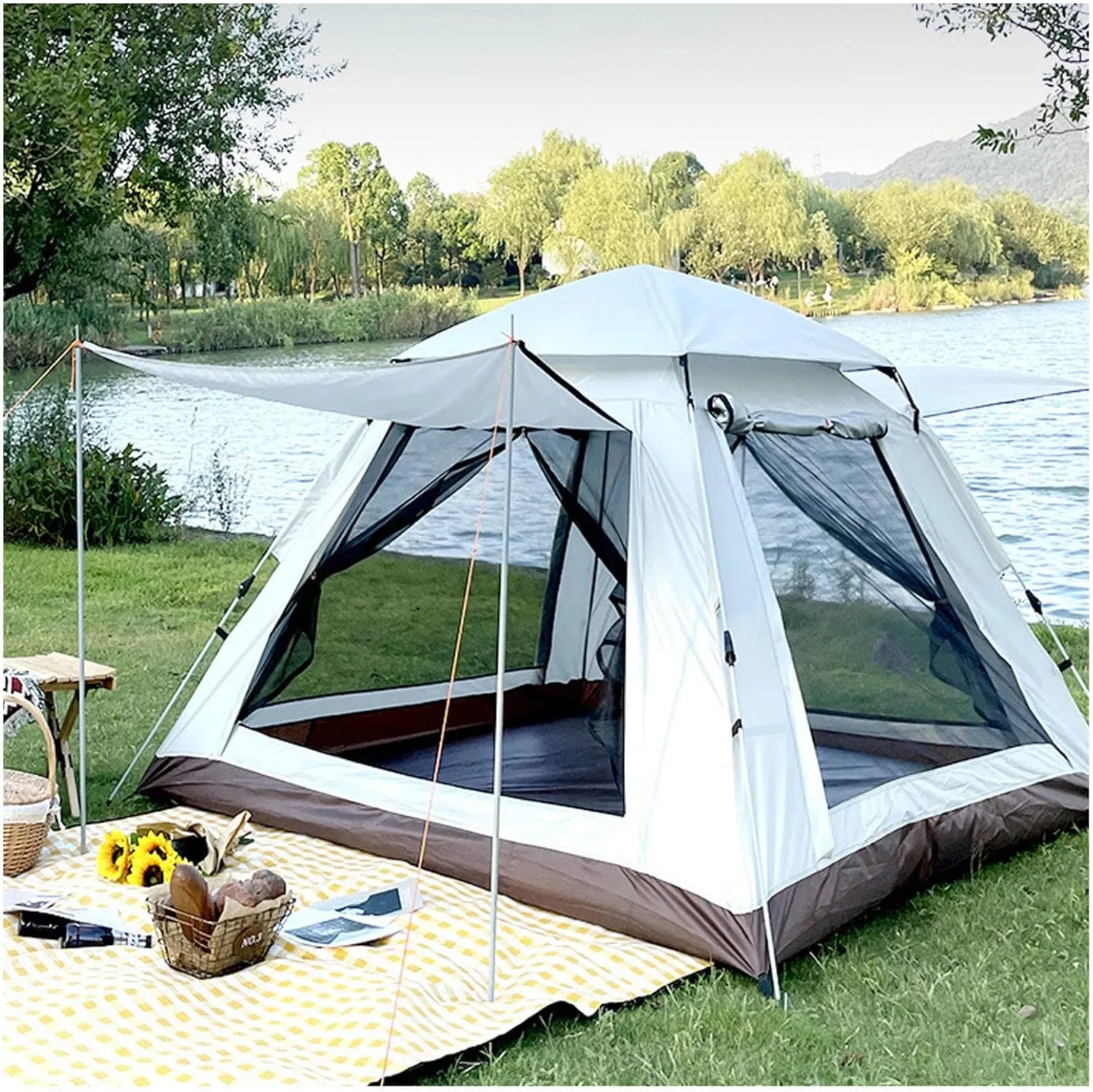 Tipi Tent Camping 4 People Double Doors and Four Windows,Pop Open in Three Seconds Family Tents Light and Practical Pop Up Tents Camping for Family,Outdoor,Hiking and Mountaineering