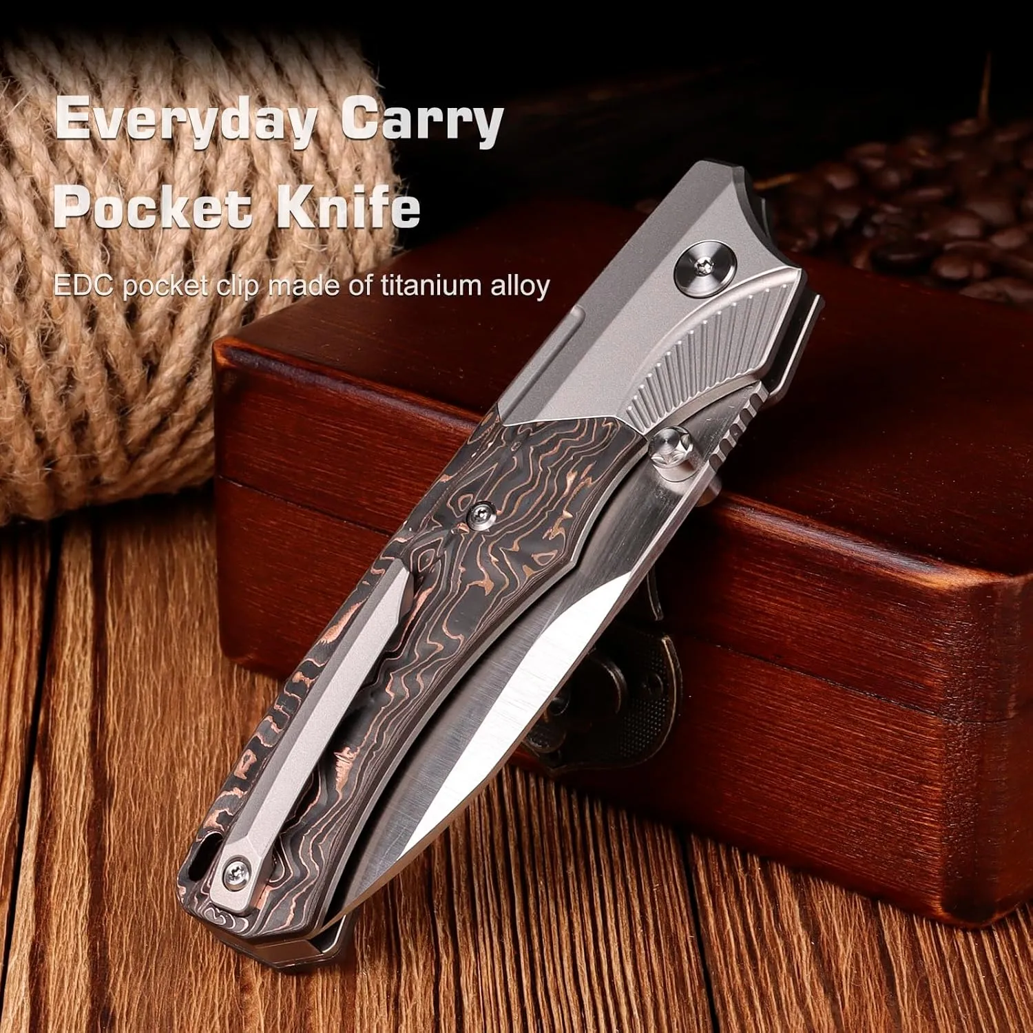 Titanium Pocket Knife WD107 Series, EDC Button Lock Knife, Satin M390 Blade, Men Women Daily Carry Lightweight Folding Knife, Sharp Fishing Camping Knives (Satin/Copper Foil)