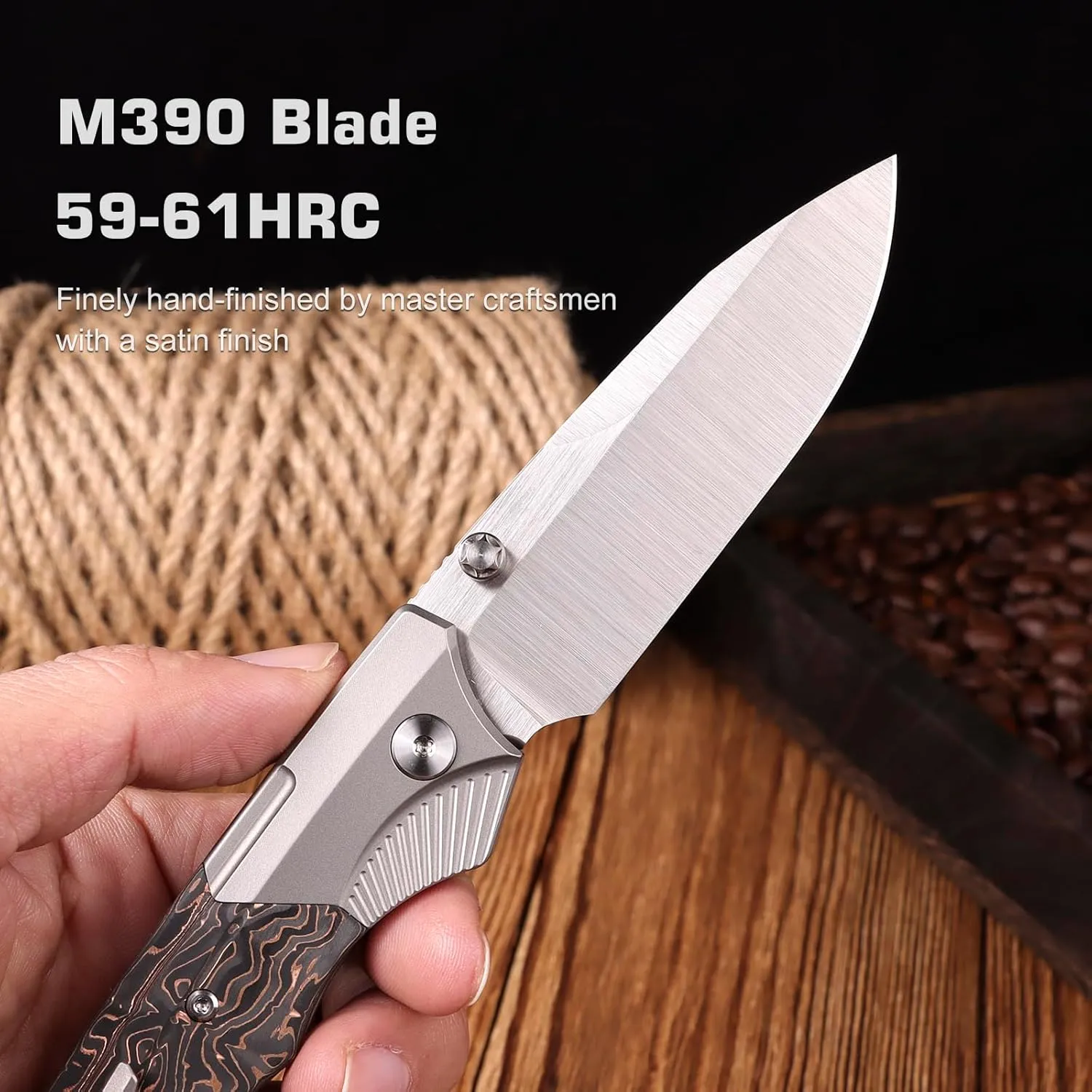 Titanium Pocket Knife WD107 Series, EDC Button Lock Knife, Satin M390 Blade, Men Women Daily Carry Lightweight Folding Knife, Sharp Fishing Camping Knives (Satin/Copper Foil)