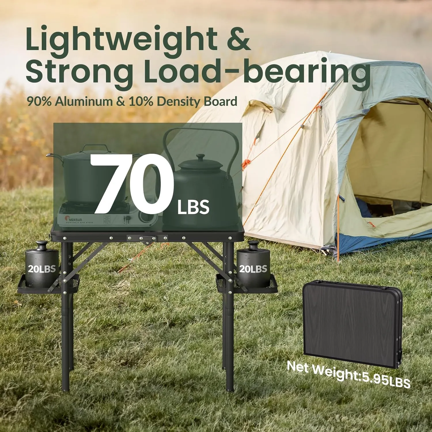 Titanker Folding Camping Table Small 2ft, Small Camp Table Portable with 50% Extra Space, Folding Picnic Set, Portable Beach Table, Car Camping Essentials, Aluminum Light & Solid