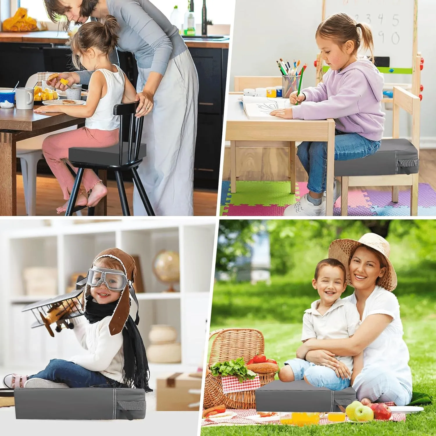 Toddler Booster Seat for Dining Table, Washable Thick Strong Support Portable Booster Chair for Toddlers Eating, Easy Cleaning Booster Seat Cushion Detachable with Fix Straps (Dark Grey)