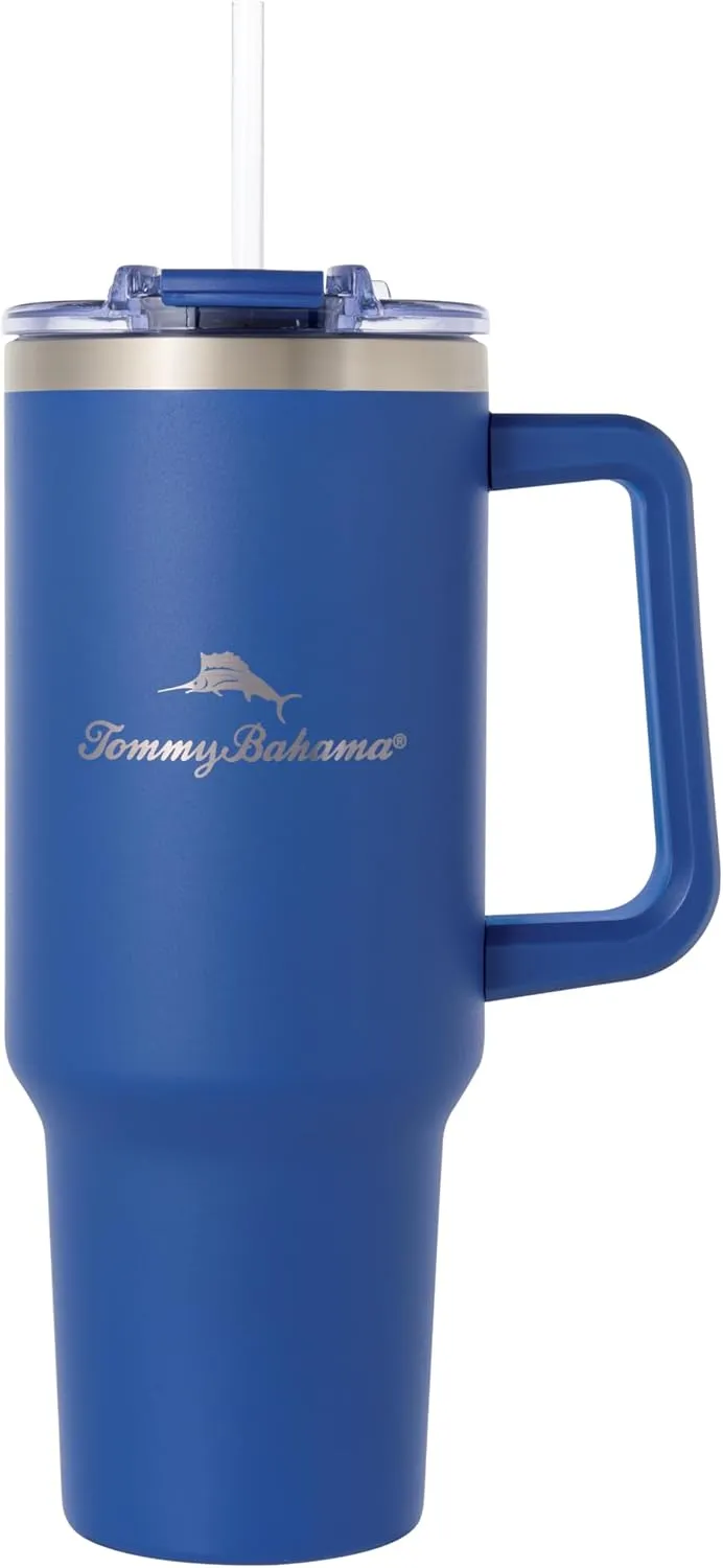 Tommy Bahama Vacuum Insulated Water Bottle with Straw - Double-Wall Stainless Steel, BPA Free, Keep Drinks Warm for 6 Hours or Cold for 12 Hours - Americana Navy, 40oz