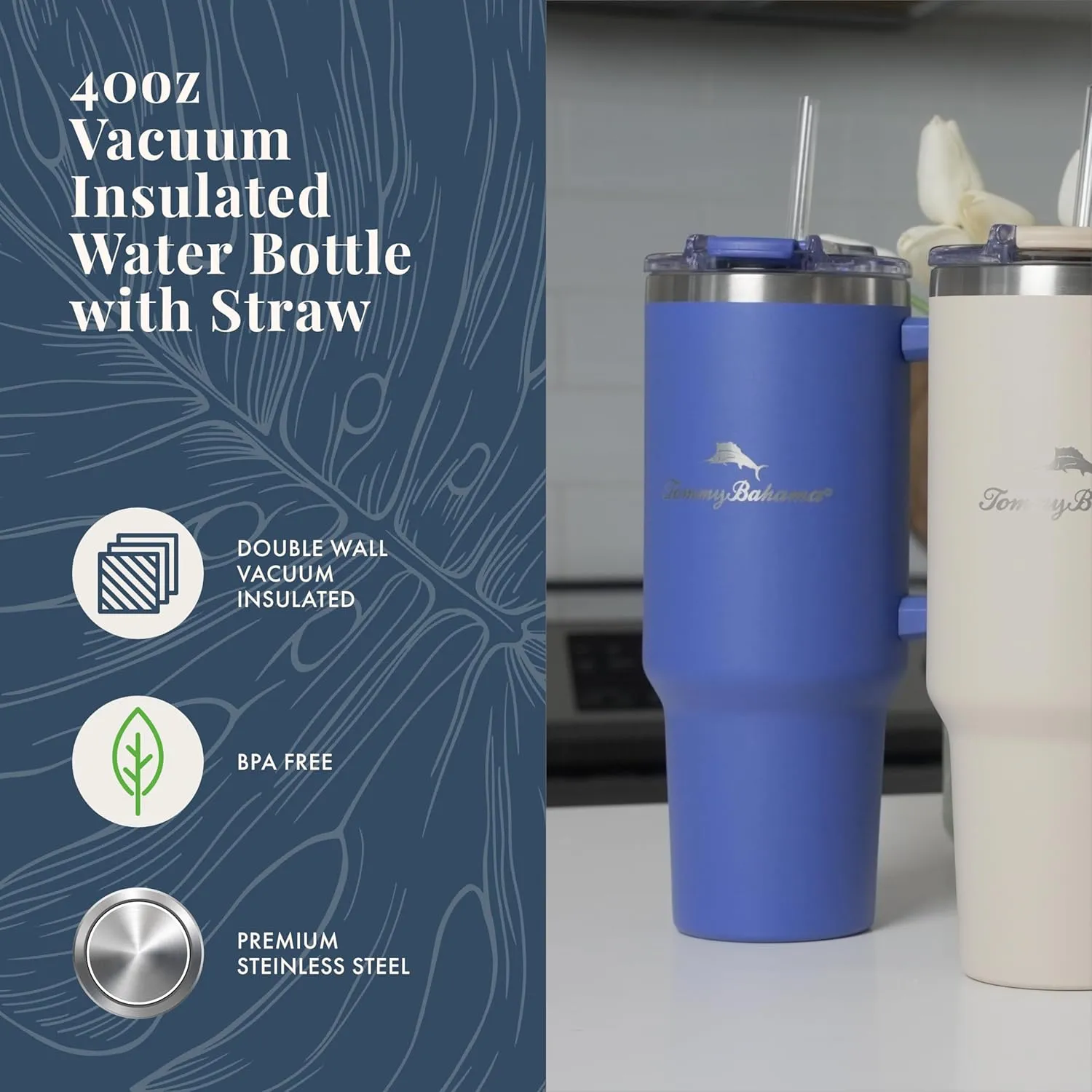 Tommy Bahama Vacuum Insulated Water Bottle with Straw - Double-Wall Stainless Steel, BPA Free, Keep Drinks Warm for 6 Hours or Cold for 12 Hours - Americana Navy, 40oz