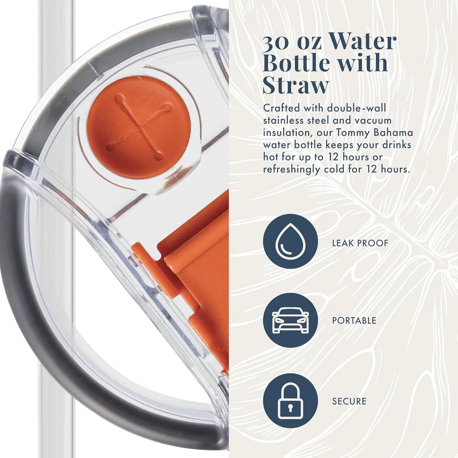 Tommy Bahama Vacuum Insulated Water Bottle with Straw - Double-Wall Stainless Steel, BPA Free, Keep Drinks Warm for 6 Hours or Cold for 12 Hours - Sunset Orange, 30oz
