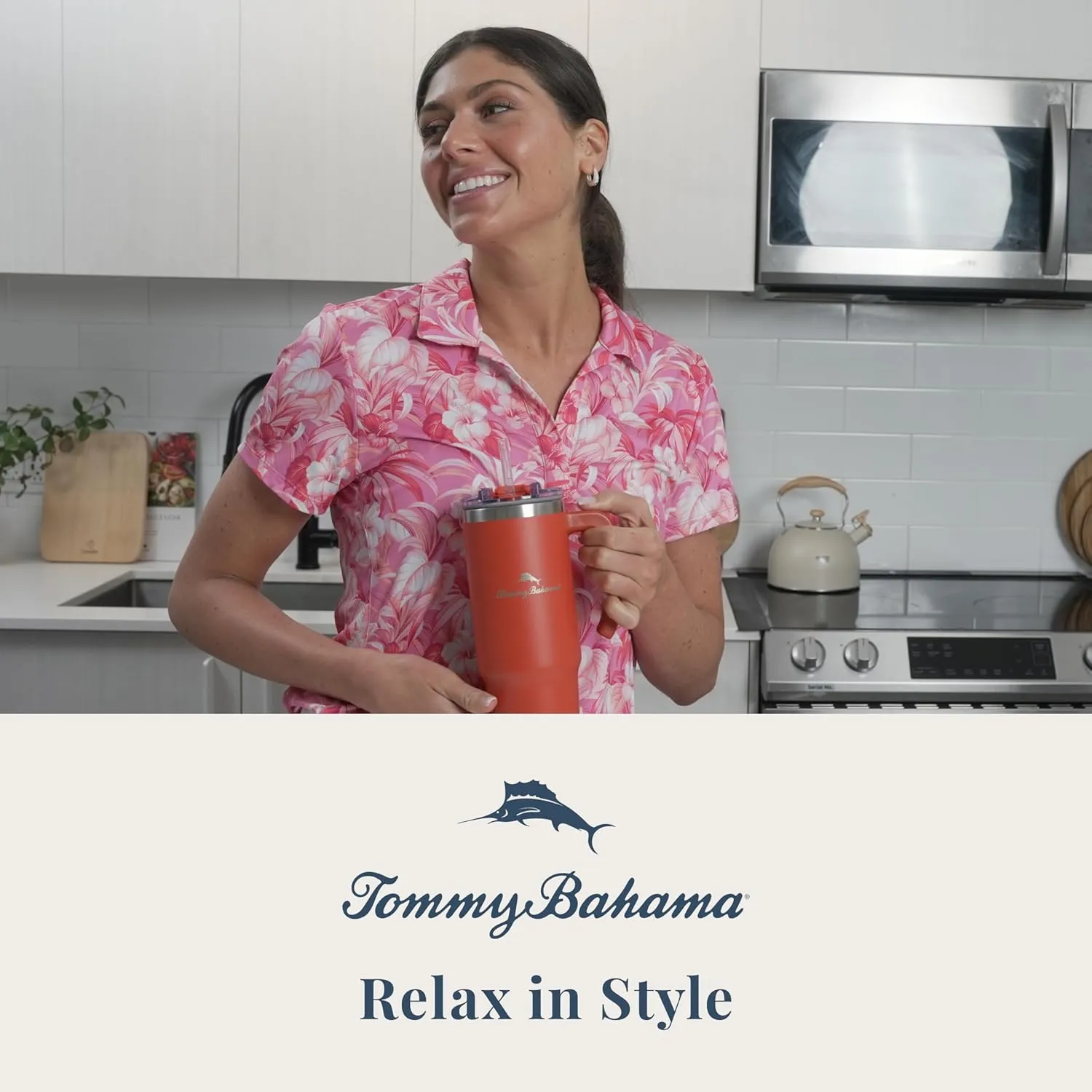 Tommy Bahama Vacuum Insulated Water Bottle with Straw - Double-Wall Stainless Steel, BPA Free, Keep Drinks Warm for 6 Hours or Cold for 12 Hours - Sunset Orange, 30oz