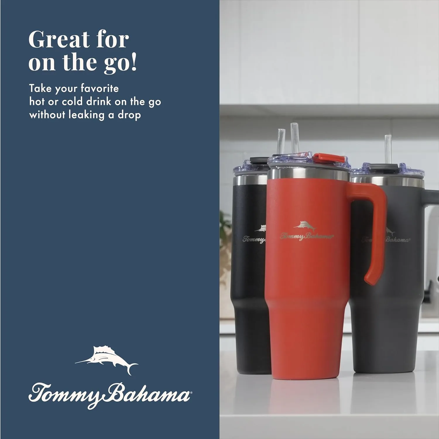 Tommy Bahama Vacuum Insulated Water Bottle with Straw - Double-Wall Stainless Steel, BPA Free, Keep Drinks Warm for 6 Hours or Cold for 12 Hours - Sunset Orange, 30oz
