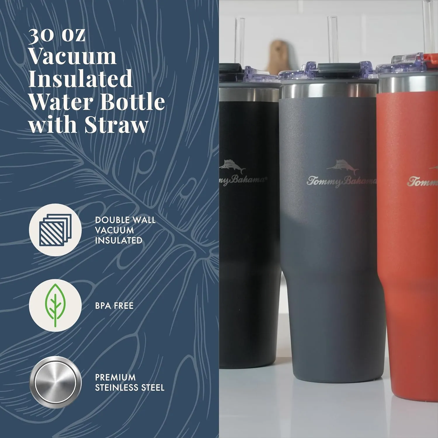 Tommy Bahama Vacuum Insulated Water Bottle with Straw - Double-Wall Stainless Steel, BPA Free, Keep Drinks Warm for 6 Hours or Cold for 12 Hours - Sunset Orange, 30oz