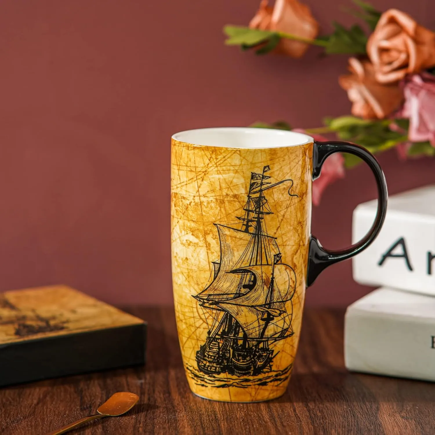 Topadorn Coffee Ceramic Mug Porcelain Latte Tea Cup With Lid 17oz, Novelty Coffee Mugs for Men Women Office & Home Sailboat