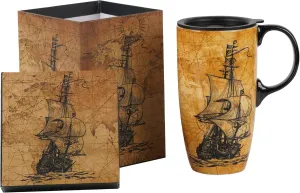Topadorn Coffee Ceramic Mug Porcelain Latte Tea Cup With Lid 17oz, Novelty Coffee Mugs for Men Women Office & Home Sailboat