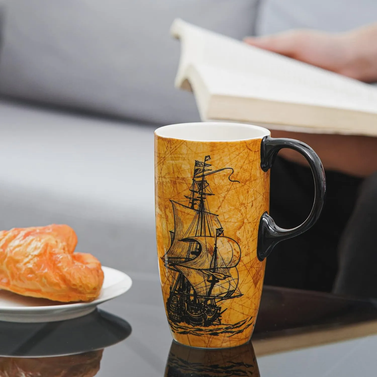 Topadorn Coffee Ceramic Mug Porcelain Latte Tea Cup With Lid 17oz, Novelty Coffee Mugs for Men Women Office & Home Sailboat