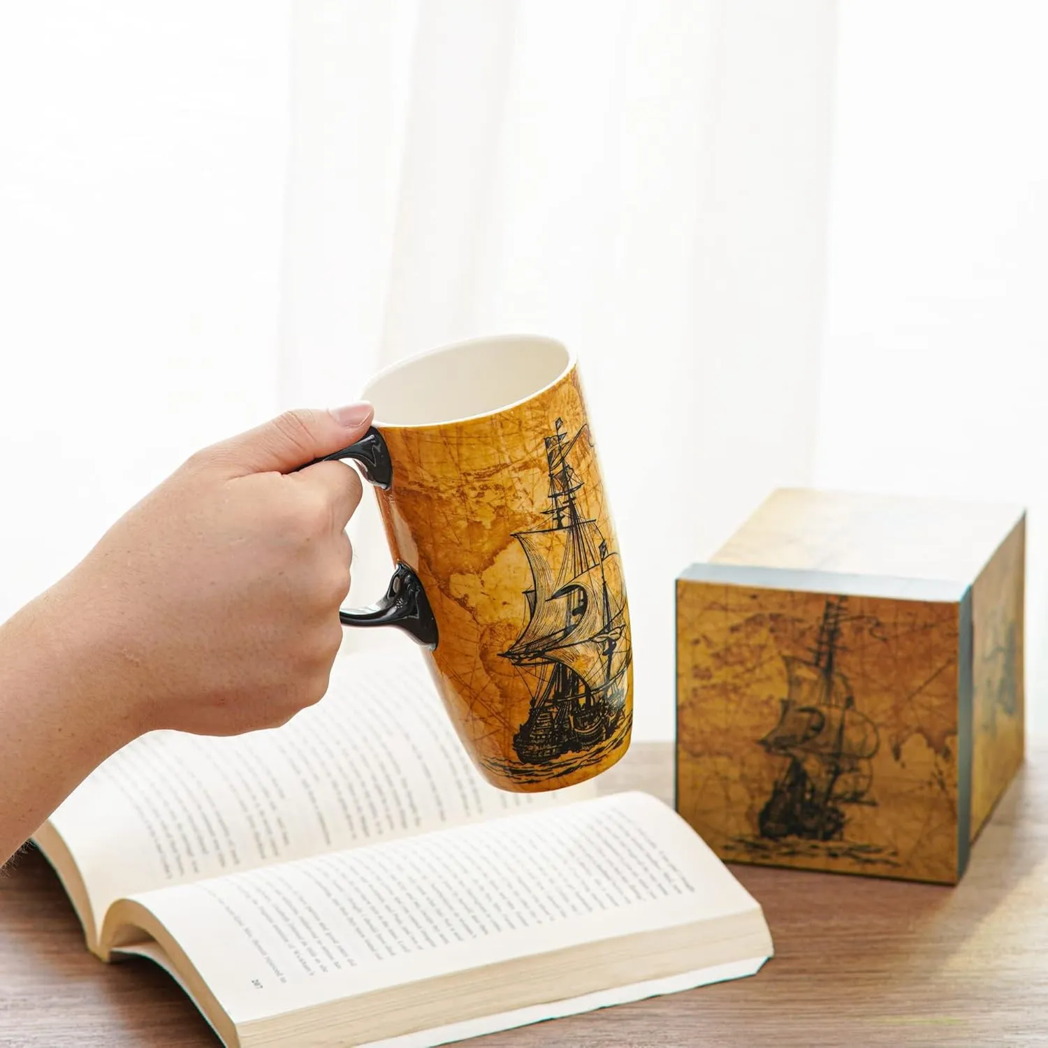 Topadorn Coffee Ceramic Mug Porcelain Latte Tea Cup With Lid 17oz, Novelty Coffee Mugs for Men Women Office & Home Sailboat