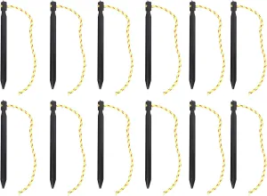 Topyond 12PCS Lightweight Aluminum Alloy Tent Stakes - Three Edged Ground Pegs with Pull Ropes for Backpacking, Camping, Hammocks, and Canopies (Black)