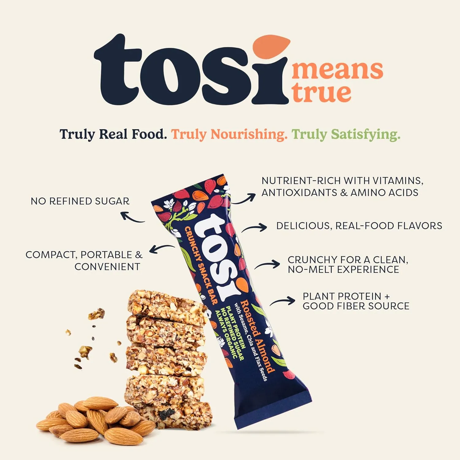Tosi Almond Protein Bars, Plant Based with Nuts, Gluten-Free Crunchy Snacks, Vegan, Organic, Flax & Chia Seeds, Soy-Free, Omega 3s, 5G Protein, 1 oz, 12-Pack