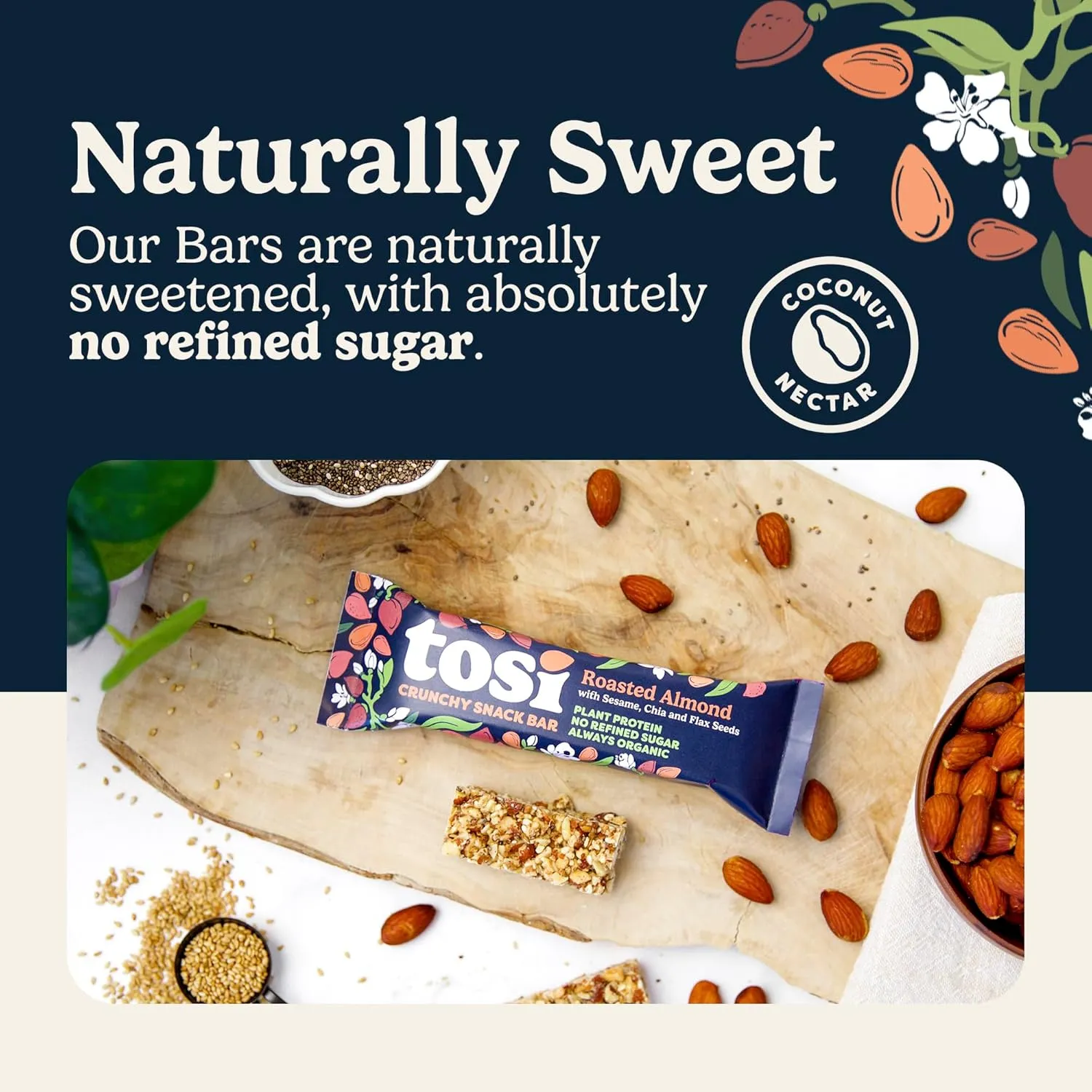 Tosi Almond Protein Bars, Plant Based with Nuts, Gluten-Free Crunchy Snacks, Vegan, Organic, Flax & Chia Seeds, Soy-Free, Omega 3s, 5G Protein, 1 oz, 12-Pack