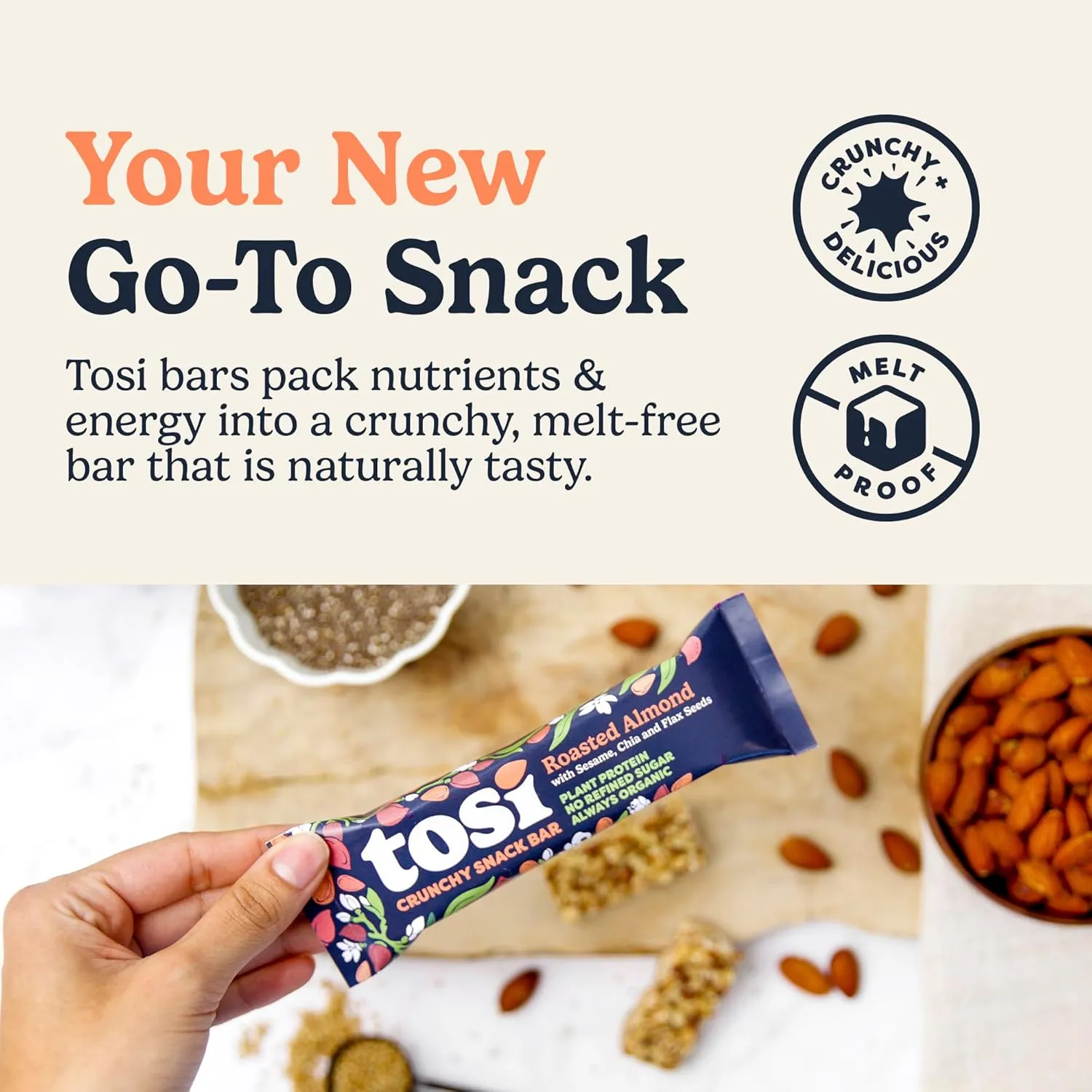 Tosi Almond Protein Bars, Plant Based with Nuts, Gluten-Free Crunchy Snacks, Vegan, Organic, Flax & Chia Seeds, Soy-Free, Omega 3s, 5G Protein, 1 oz, 12-Pack