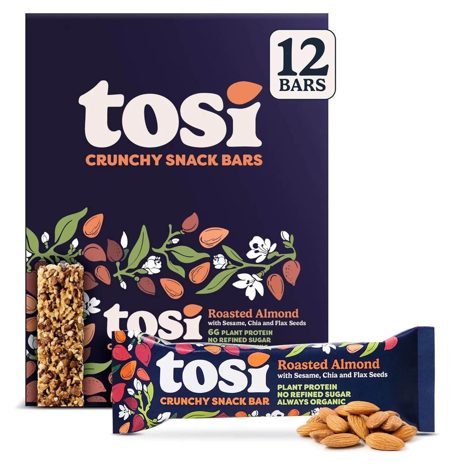 Tosi Almond Protein Bars, Plant Based with Nuts, Gluten-Free Crunchy Snacks, Vegan, Organic, Flax & Chia Seeds, Soy-Free, Omega 3s, 5G Protein, 1 oz, 12-Pack