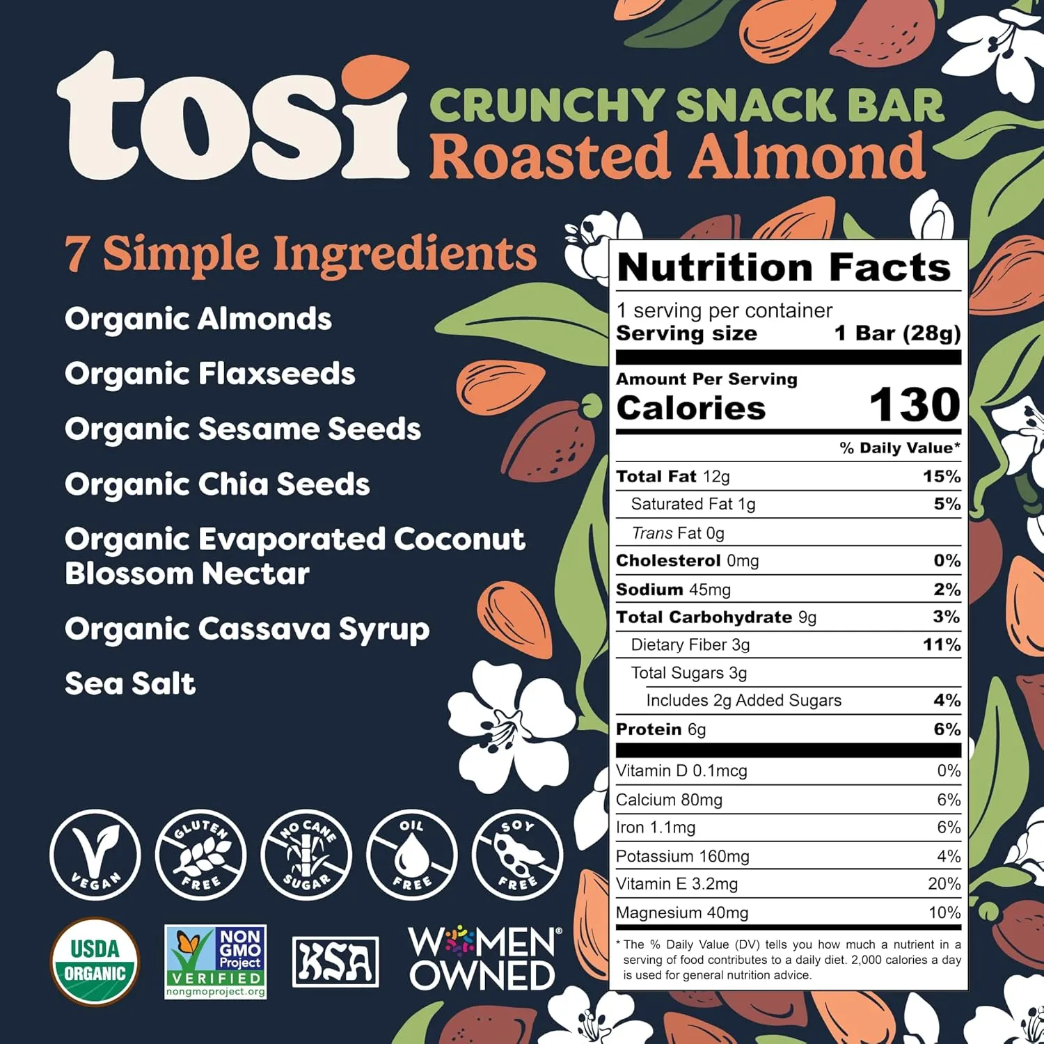 Tosi Almond Protein Bars, Plant Based with Nuts, Gluten-Free Crunchy Snacks, Vegan, Organic, Flax & Chia Seeds, Soy-Free, Omega 3s, 5G Protein, 1 oz, 12-Pack