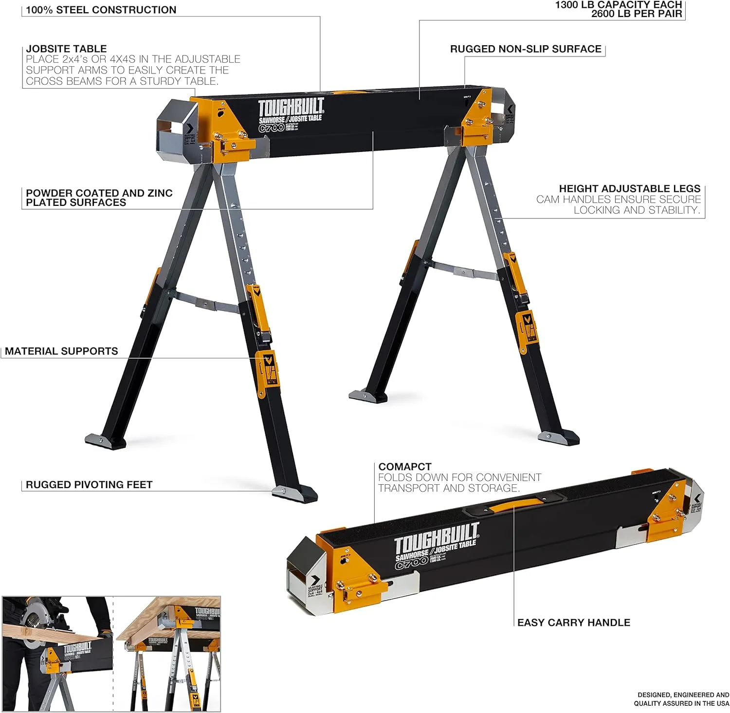 ToughBuilt - Folding Sawhorse - Sturdy, Durable, Lightweight, Heavy-Duty, 100% High Grade Steel - Adjustable up to 4x4 Size Support Arms - 1300 LB Capacity - (TB-C700) - 2 Pack