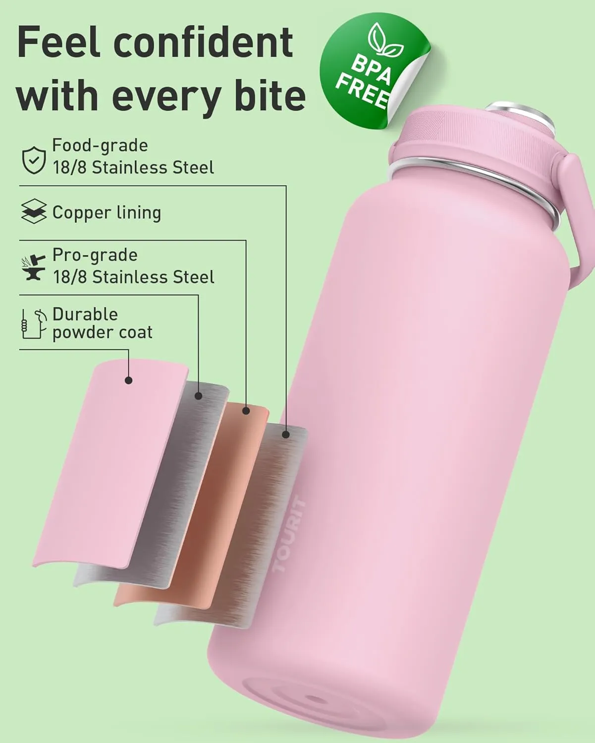 TOURIT 24 oz Insulated Water Bottle, Stainless Steel Sports Water Bottles With Top Handle, Double-Wall Travel Thermal Water Flask, BPA Free Leakproof Thermos Bottle for Sports and Travel, Lilac Purple