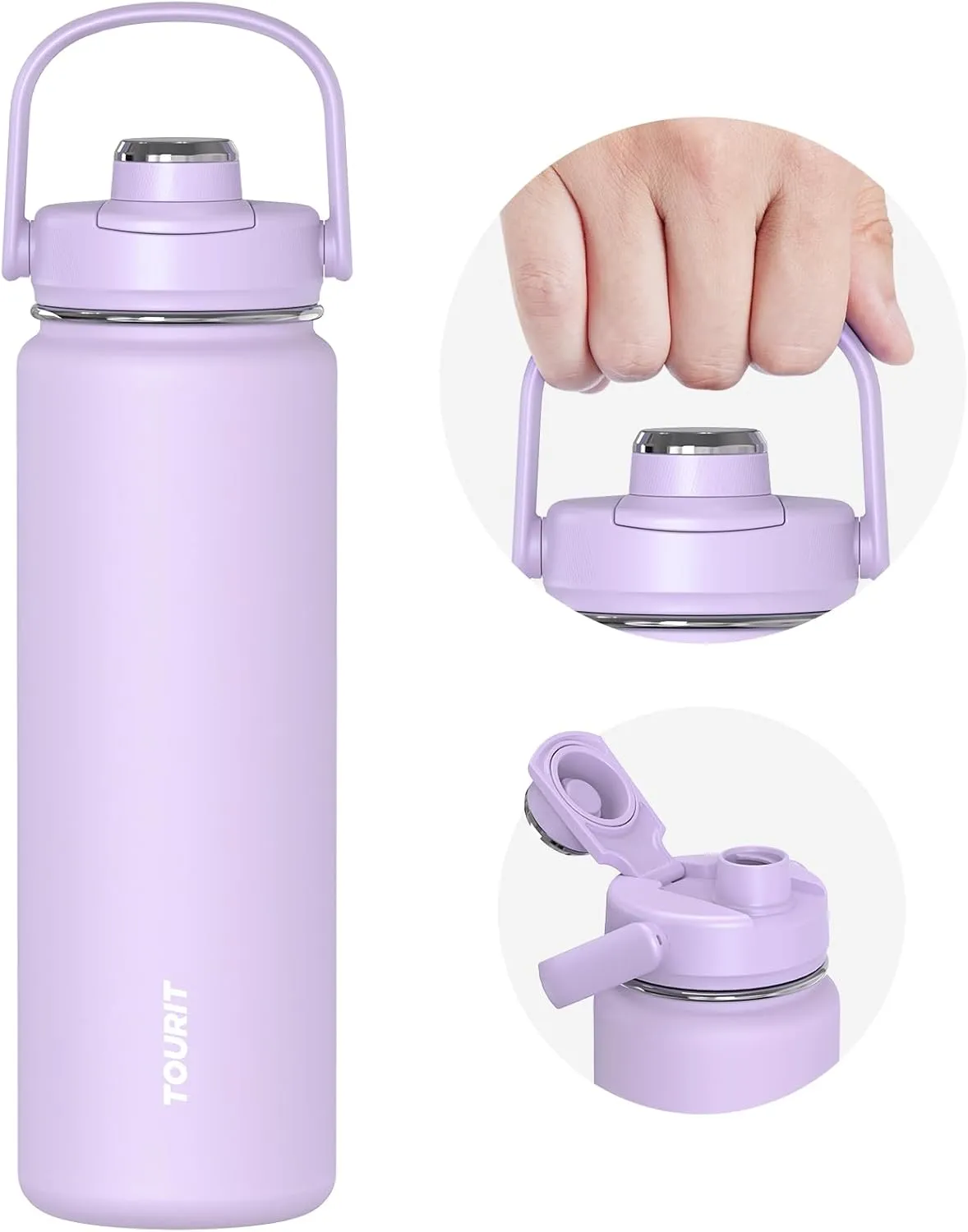 TOURIT 24 oz Insulated Water Bottle, Stainless Steel Sports Water Bottles With Top Handle, Double-Wall Travel Thermal Water Flask, BPA Free Leakproof Thermos Bottle for Sports and Travel, Lilac Purple