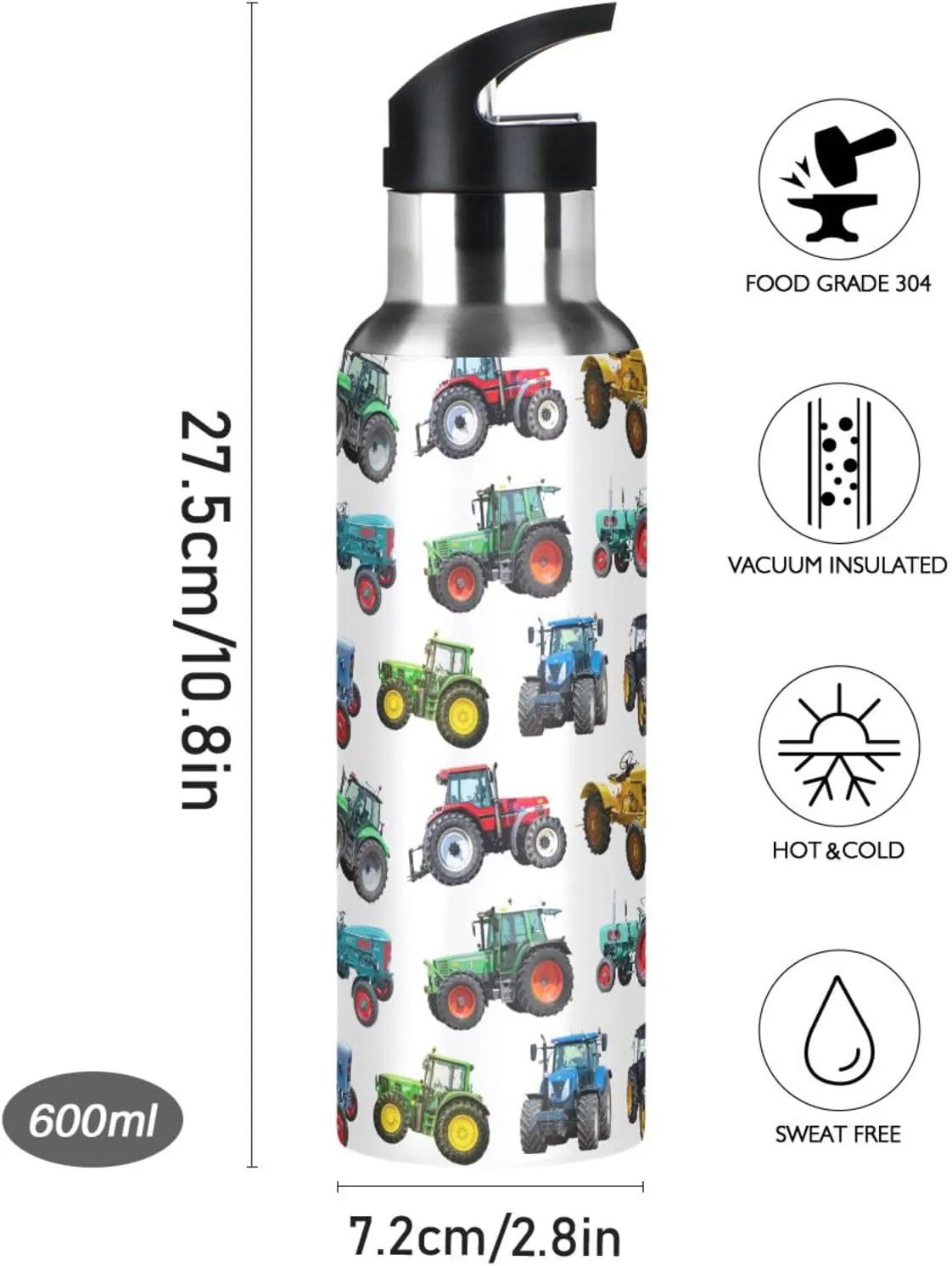 Tractor Stainless Steel Water Bottle with Straw Lid - 20 Oz Sports Insulated Water Bottle Thermos for Sport Gym Outdoor Travel School