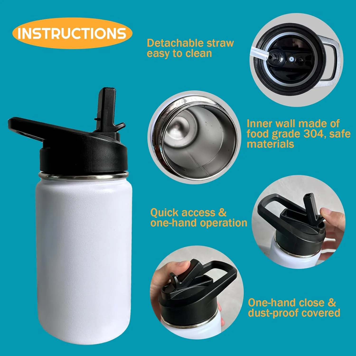 Train Kids Water Bottle for School with Straw Lid,12oz Stainless Steel Insulated Water Bottle for Boys & Girls,Leak Proof Lid with Handle & Touch Free Spout (A06)